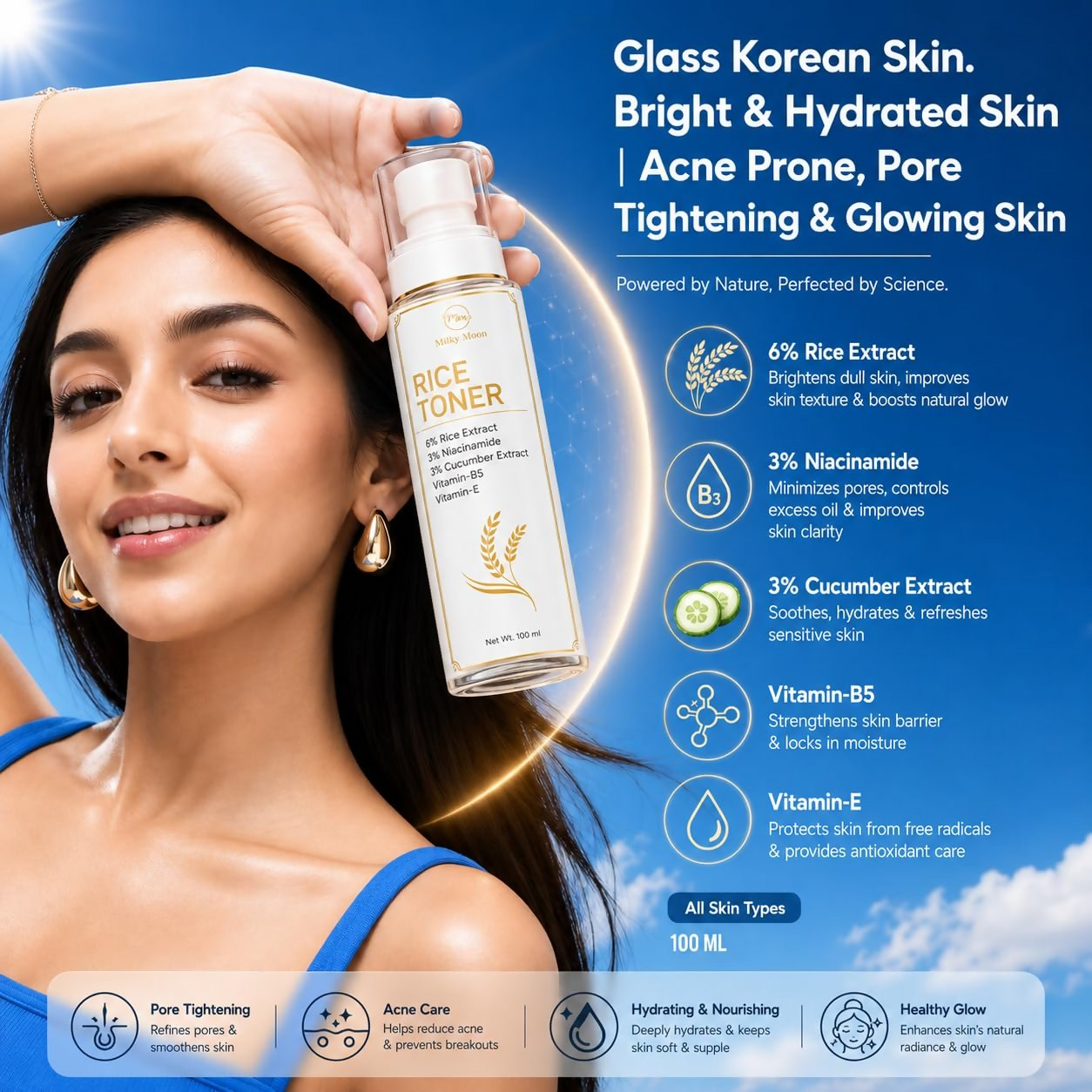 Milky Moon Rice Water Face Toner with Niacinamide & Ginseng For Clear, Glass Korean Skin