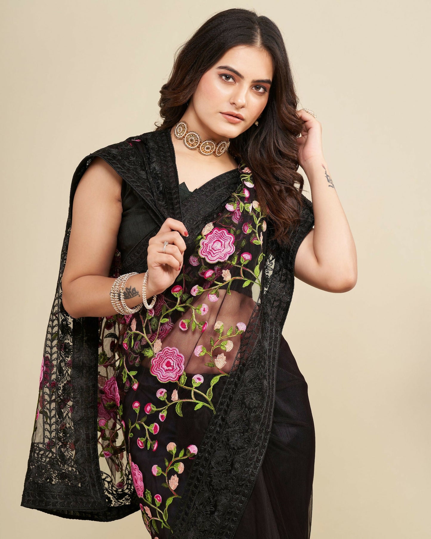 Teeya Creation Womens Latest Stylish Party Wear Soft Net Saree-Black