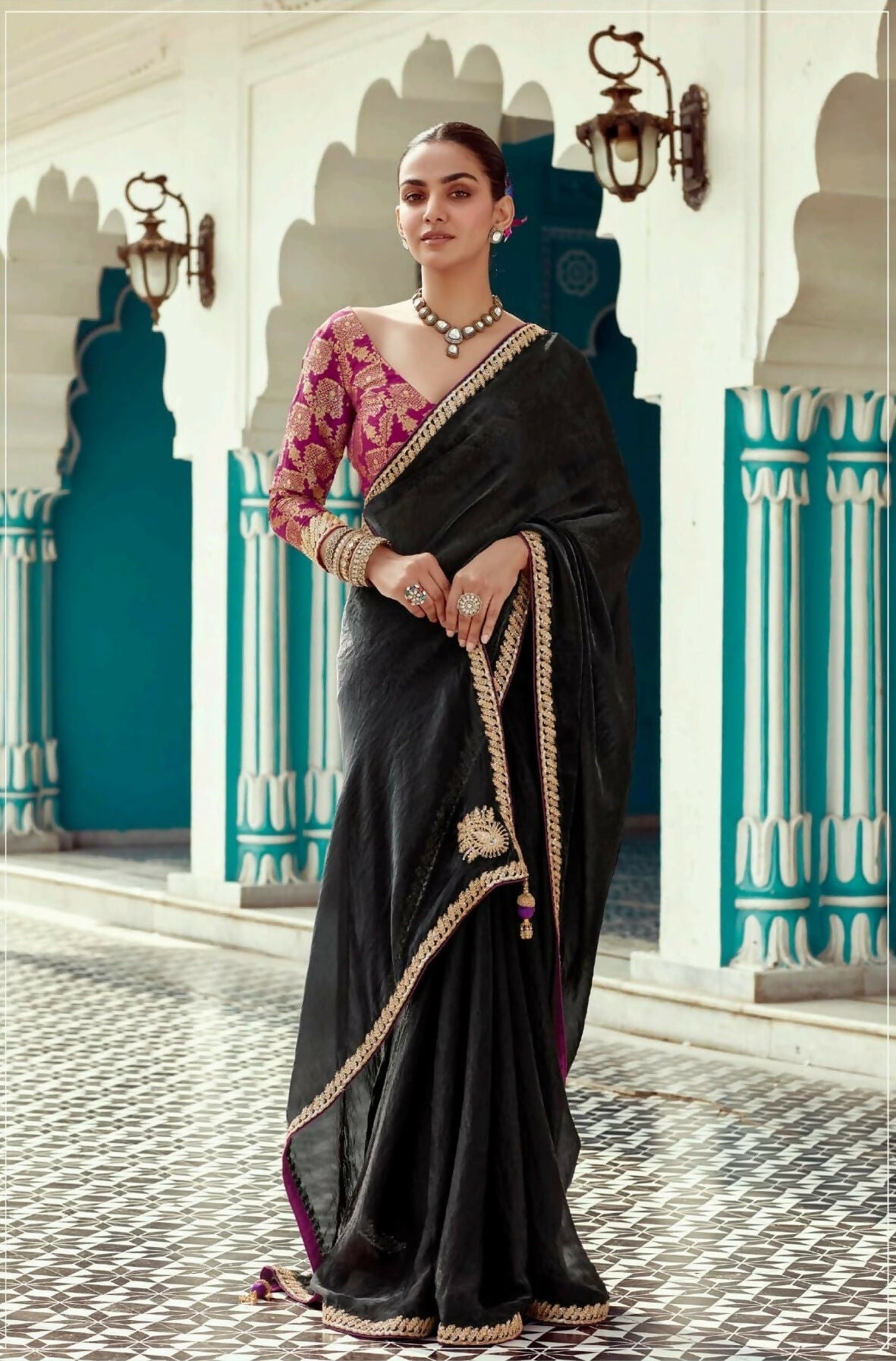 Anaita Black Embroidery Work Saree With Jacquard Work Blouse Piece