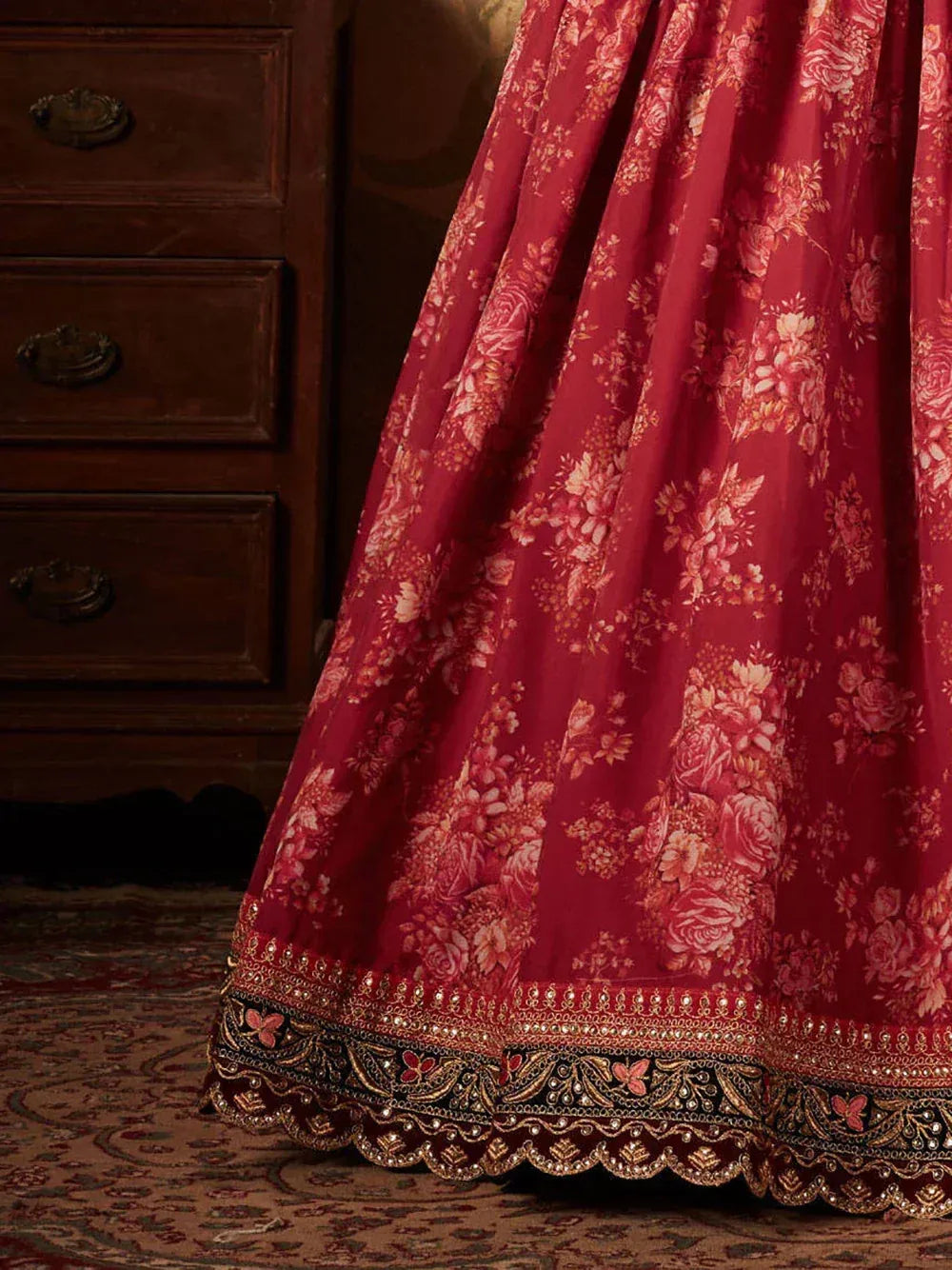 Tulsi Art Sabyasachi Maroon Floral Printed Organza Bridal Lehenga Choli