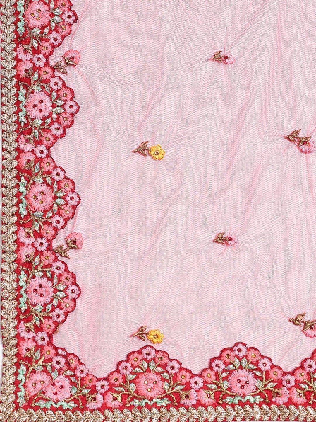 Tulsi Art Red & Pink Embroidered Semi-Stitched Myntra Lehenga & Unstitched Blouse With Dupatta