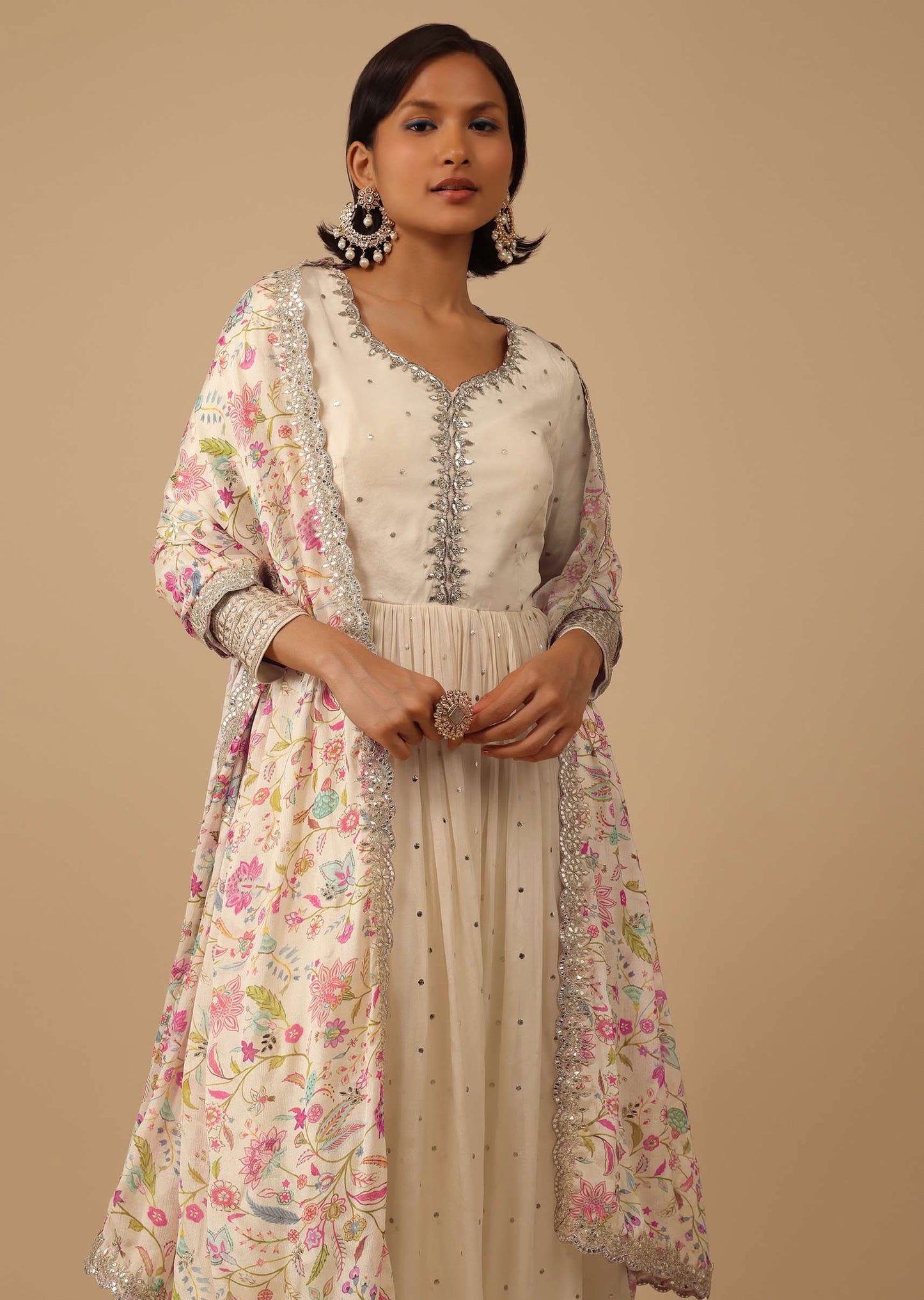Off White Anarkali Suit Set In Organza With Multicolor Floral Embroidery