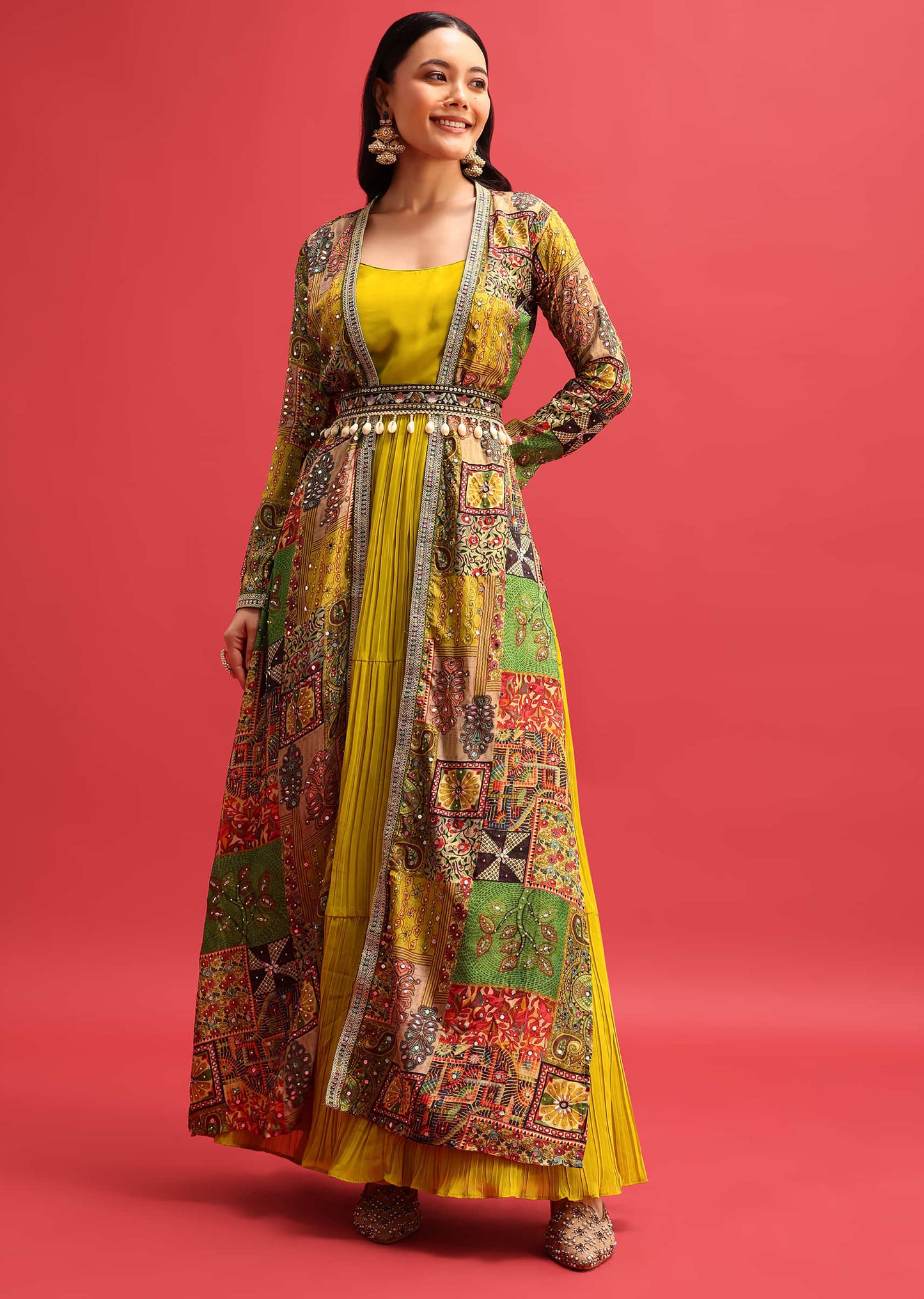 Yellow Georgette Printed Gown With Mirror Work Jacket