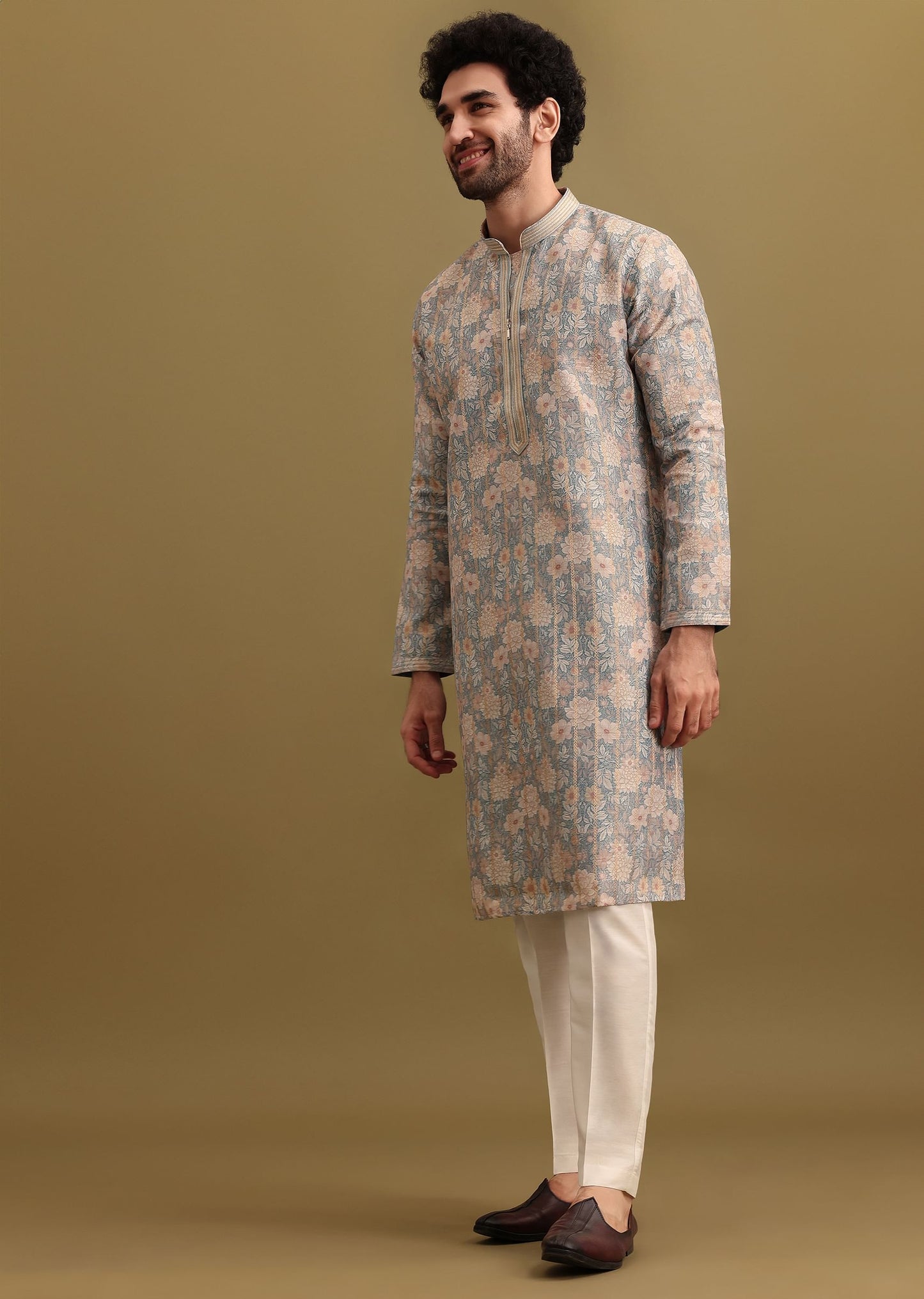 Grey Printed Silk Zipper Kurta Set For Men