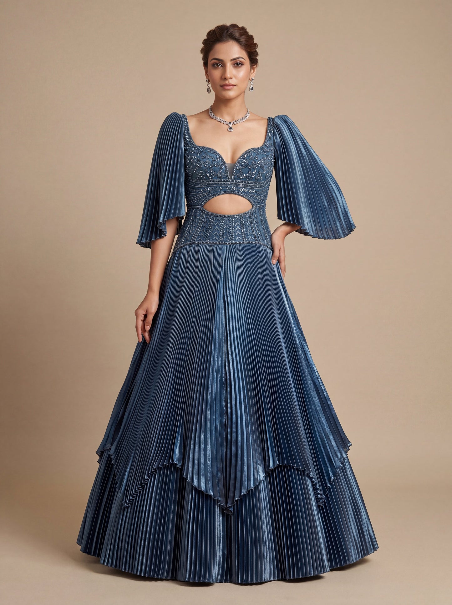 Teal Contemporary Gown With Shimmer Finish And Flared Hem