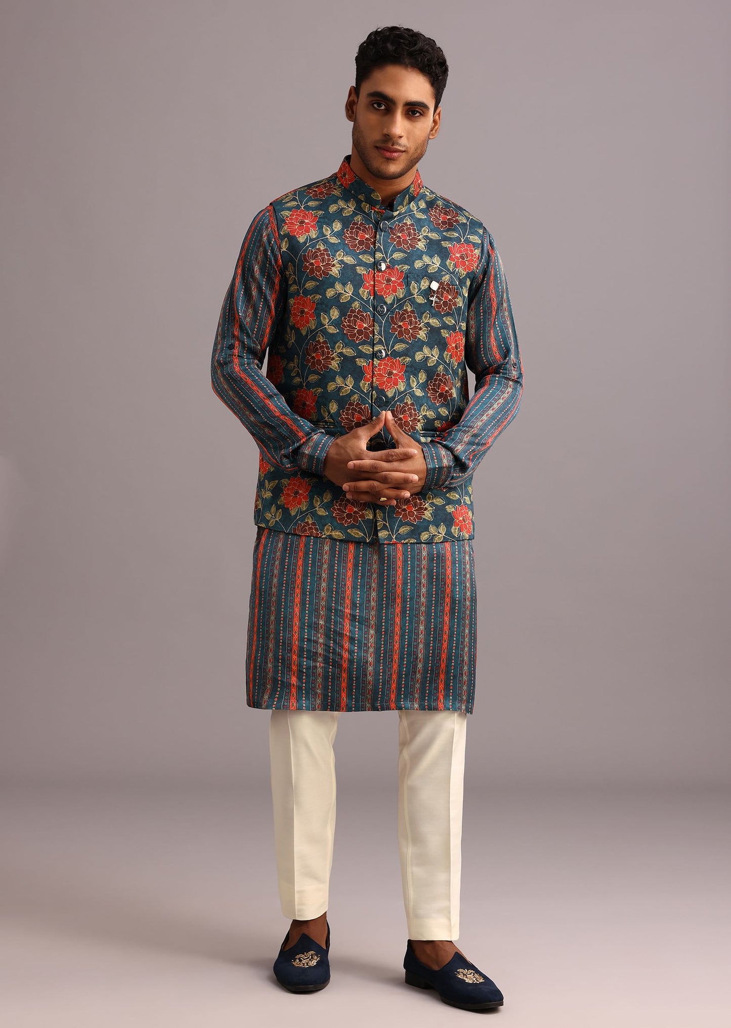 Blue Silk Floral And Stripe Print Jacket Kurta Set
