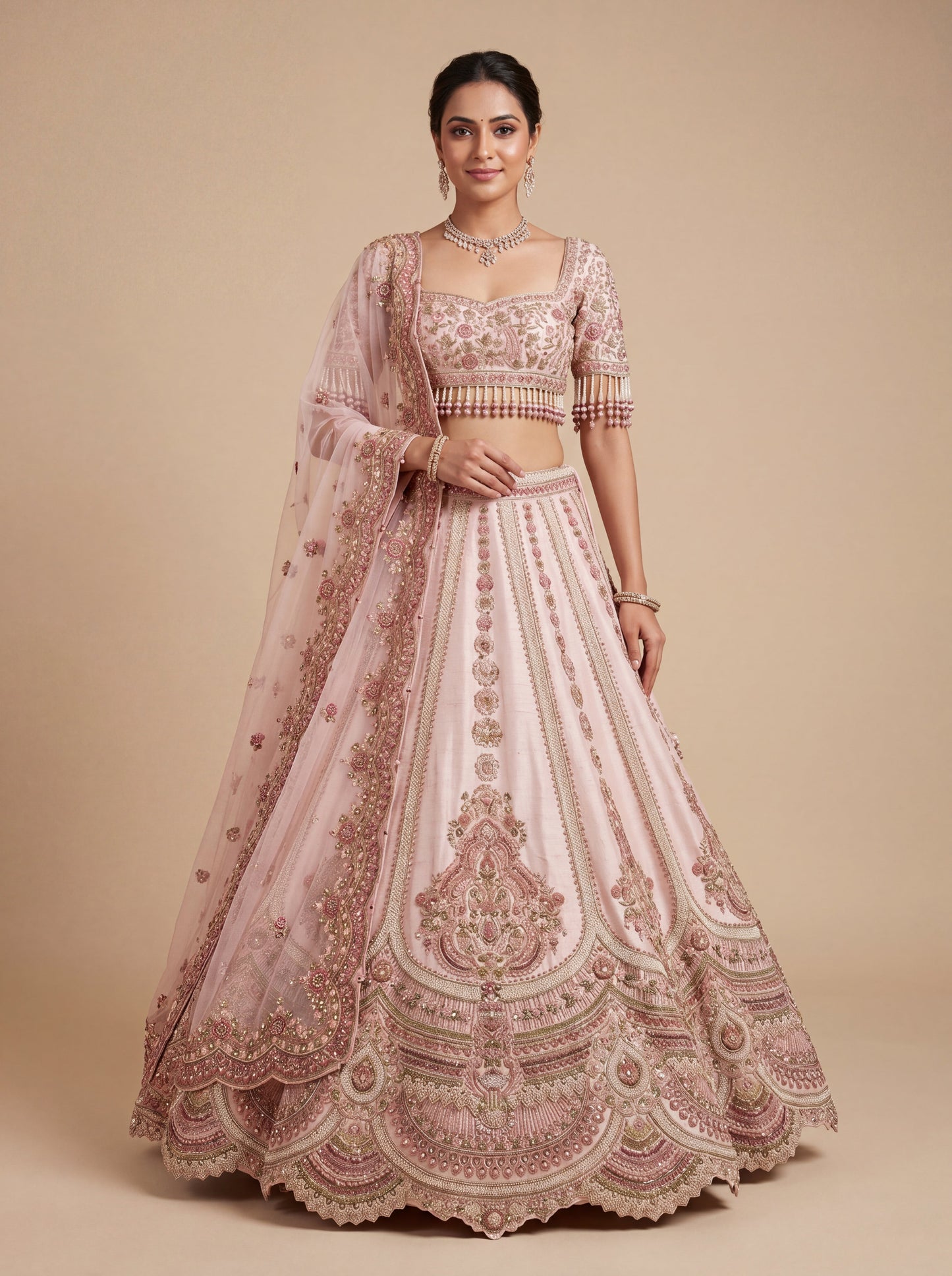 Pink Pheras Bridal Lehenga With AllOver Embellishment Flare