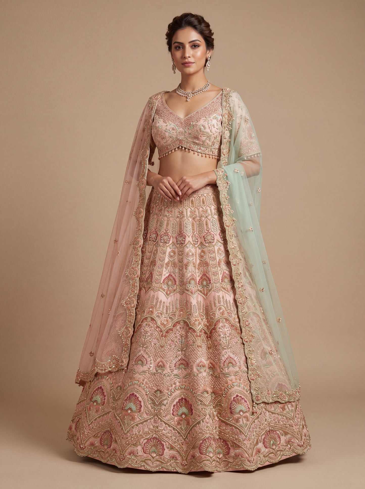 Peach Pheras Bridal Lehenga With Delicate Embroidery