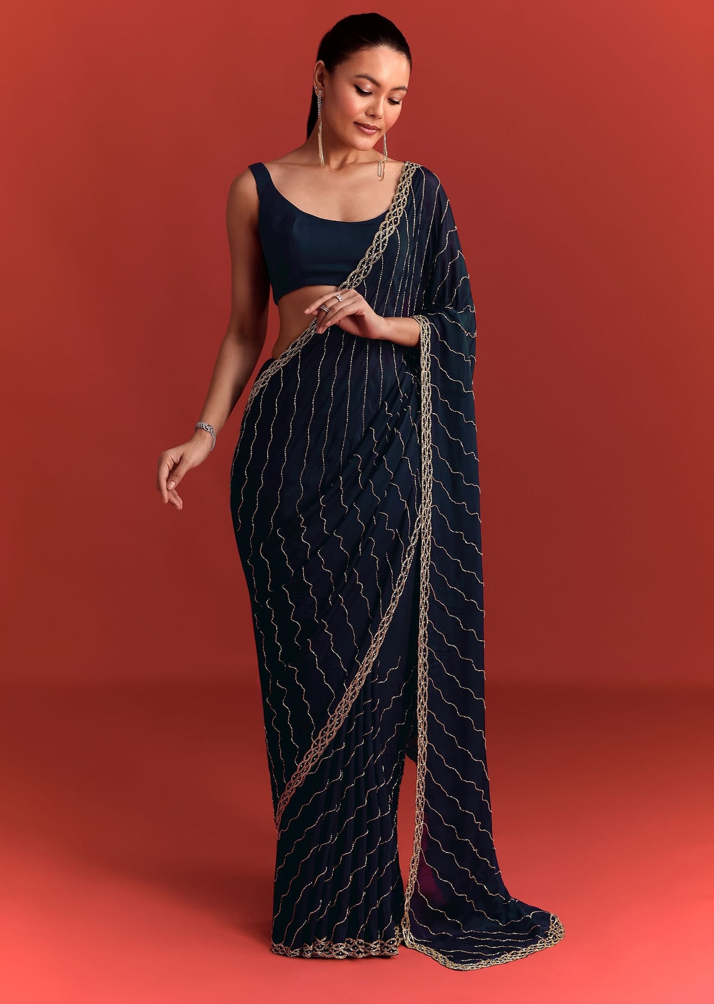 Navy Blue Cutdana Work Chinnon Saree