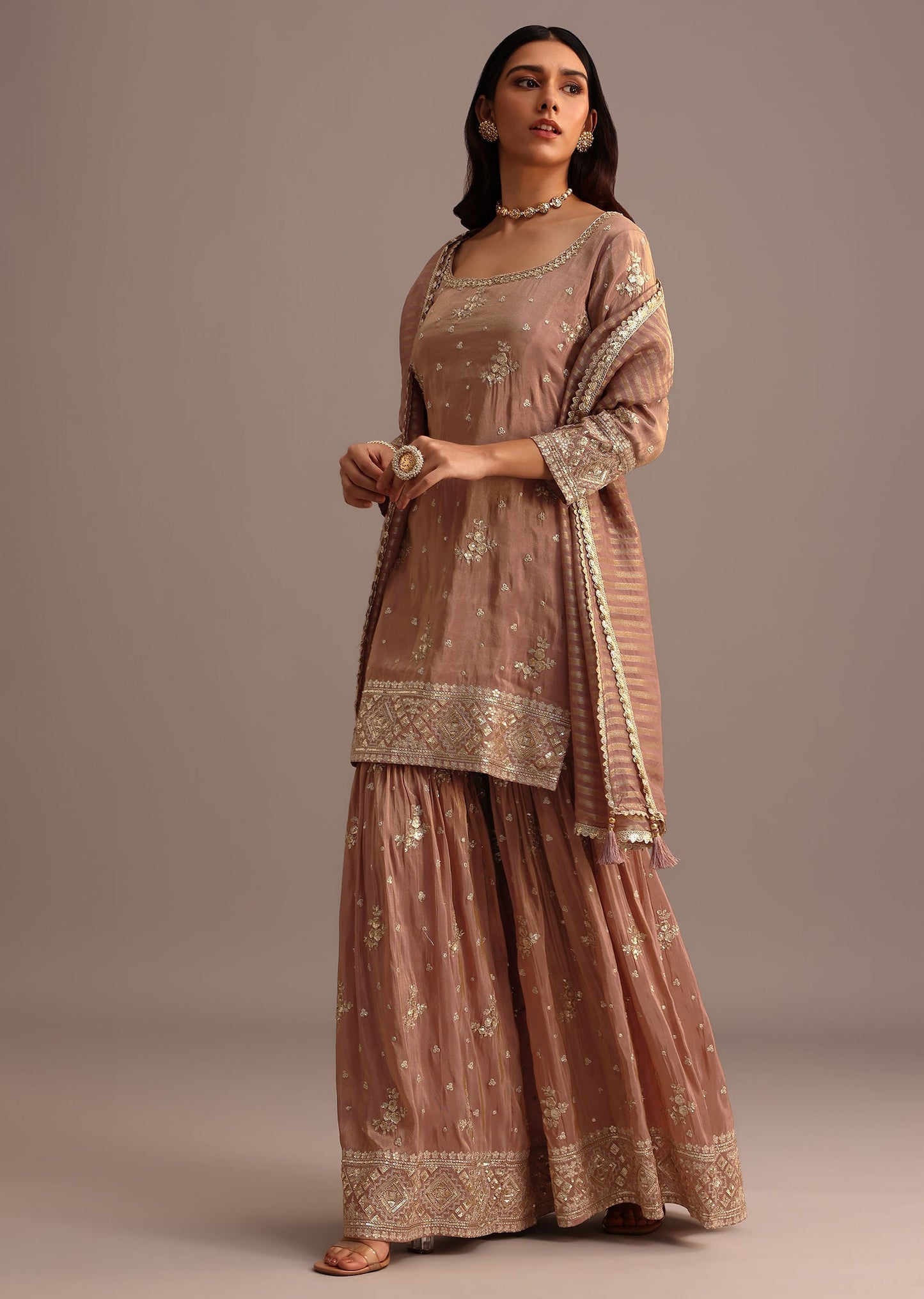 Purple Mauve Sequins Kurti Sharara Set With Chanderi Banarasi Dupatta