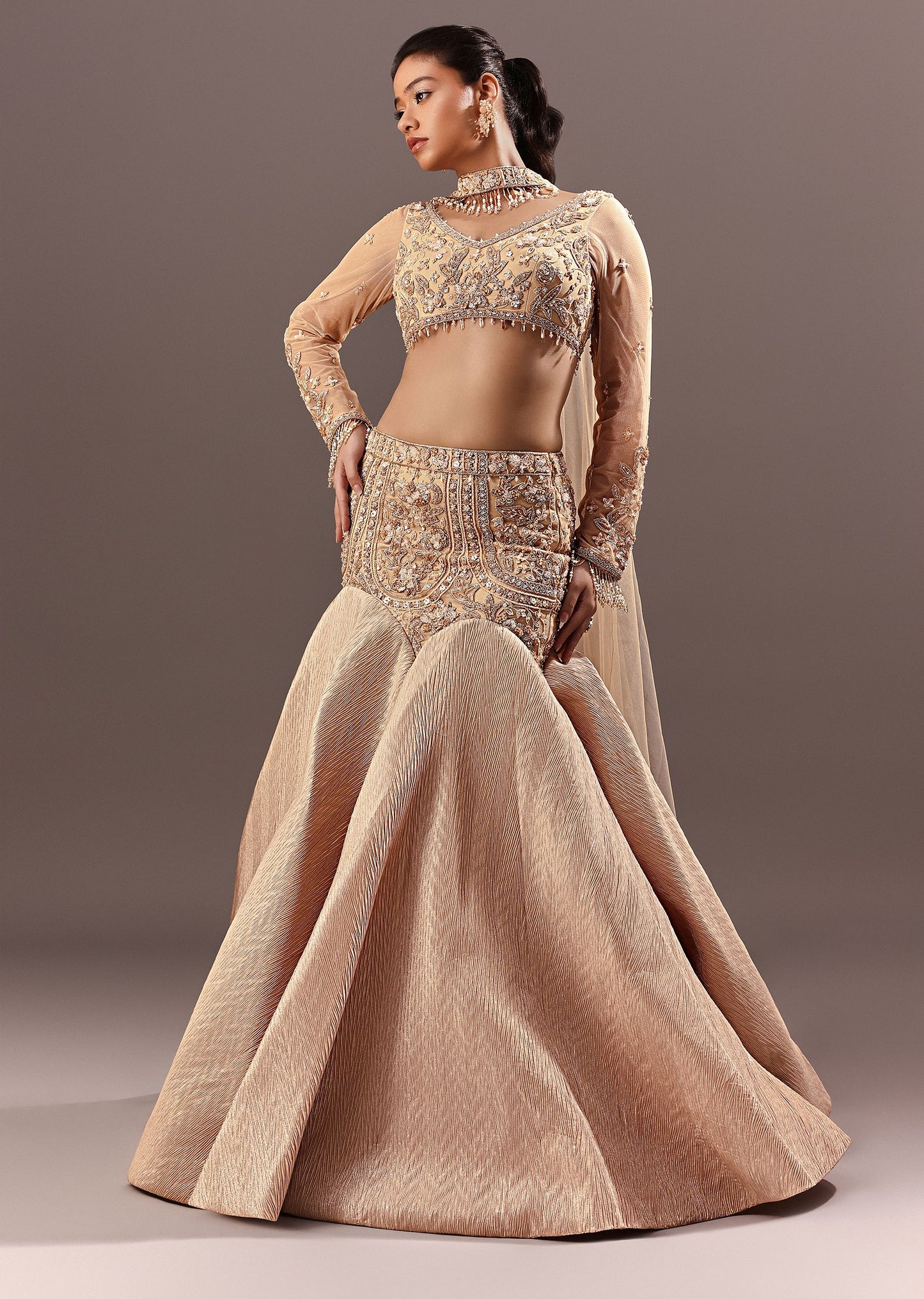 Beige Fish Cut Lehenga With Embroidered Yoke Blouse And Choker Dupatta
