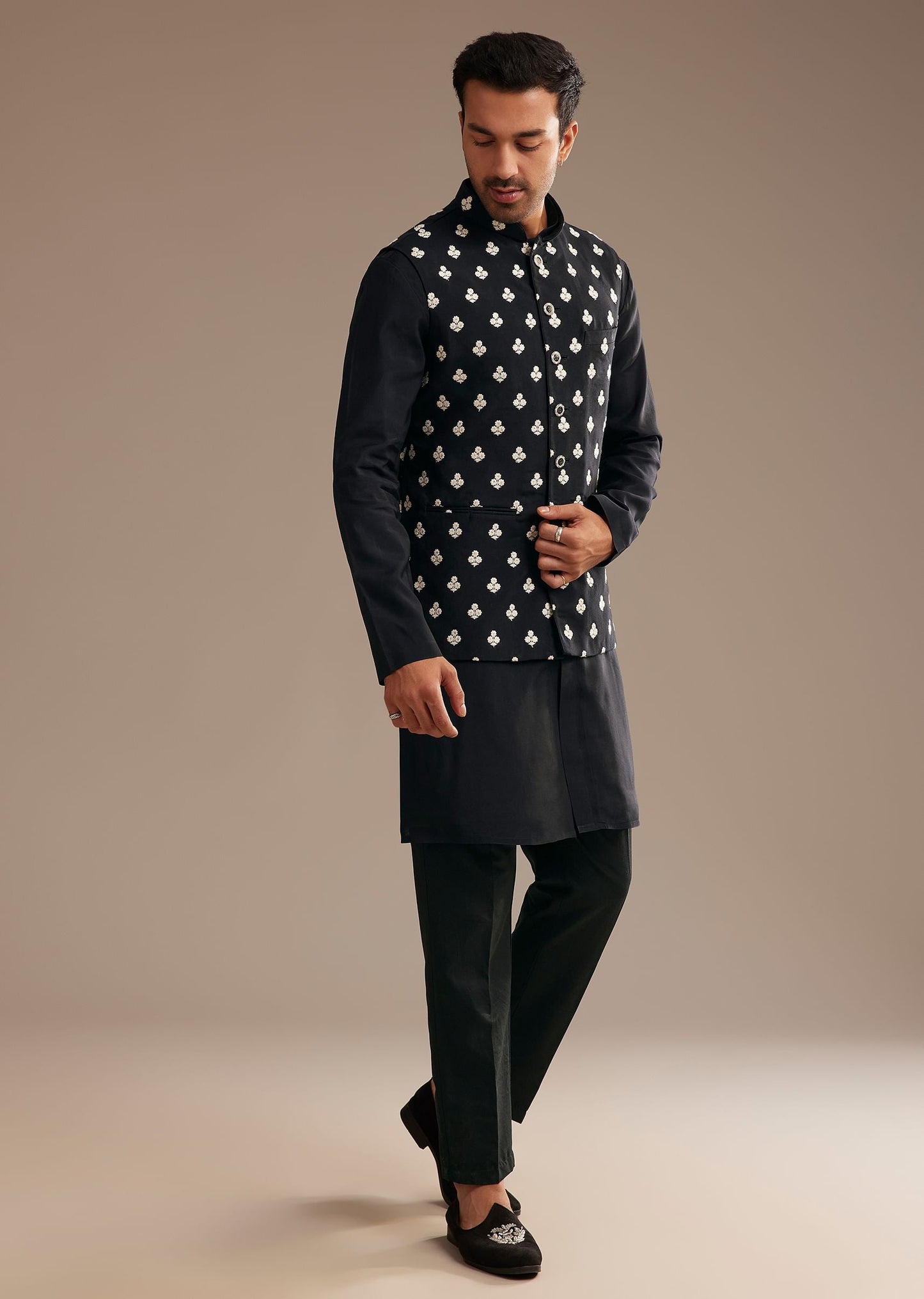 Black Silk Kurta Jacket Set With Embroidered Jacket