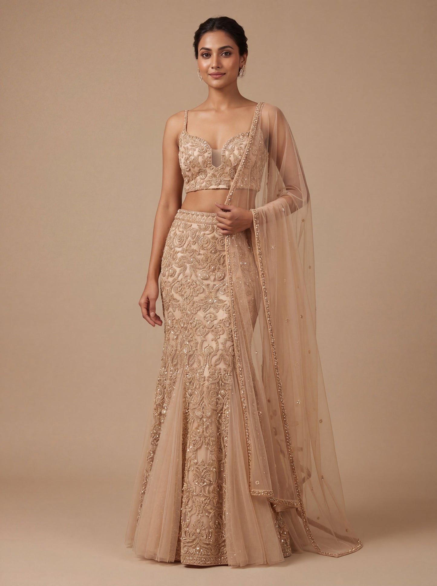 Gold Contemporary Bridal Lehenga With Embellished Crop Top Flare