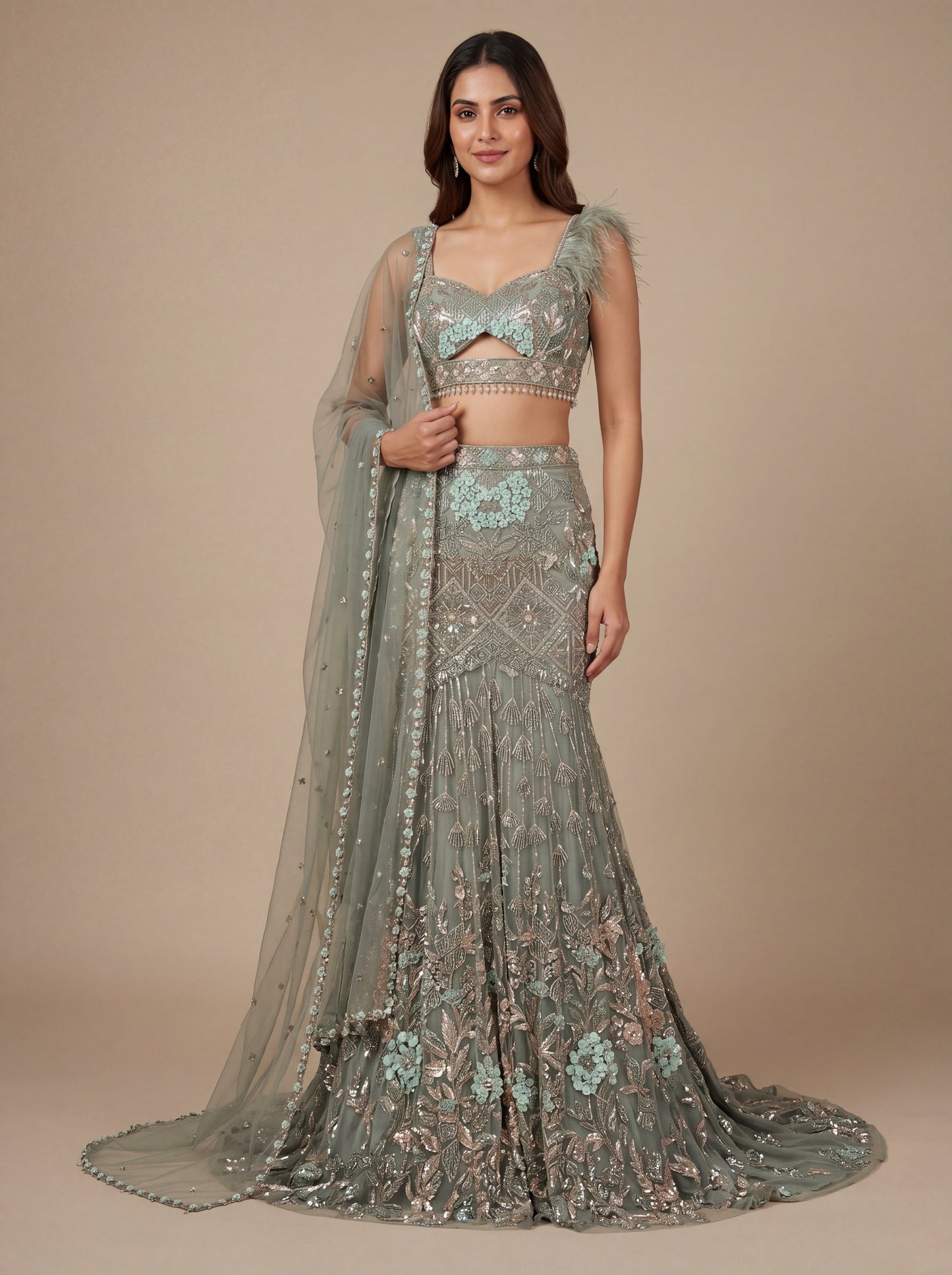 Fern Green Contemporary Bridal Lehenga With Sheer Embroidered Skirt