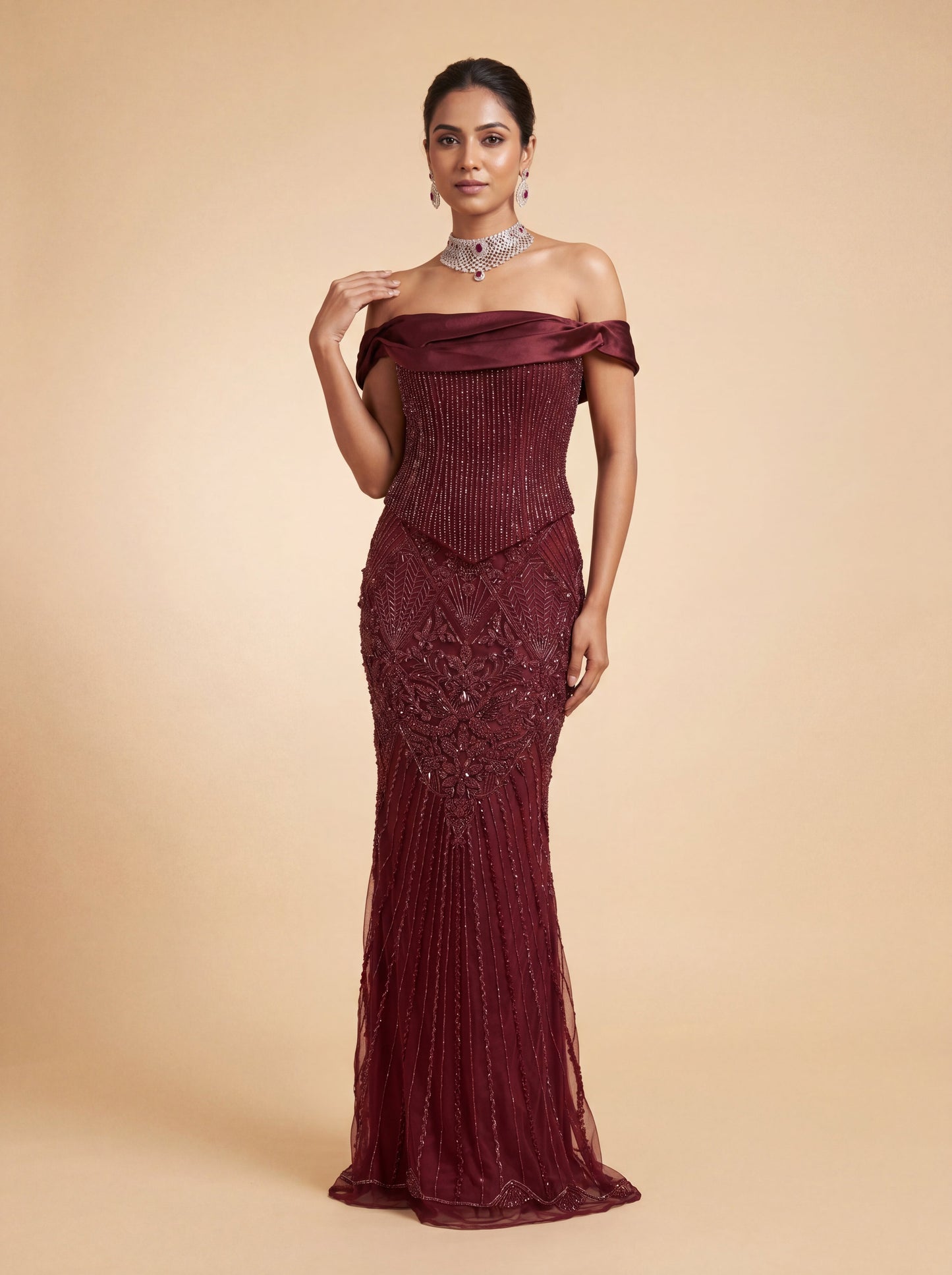 Wine Contemporary Bridal Gown With OffShoulder Drama