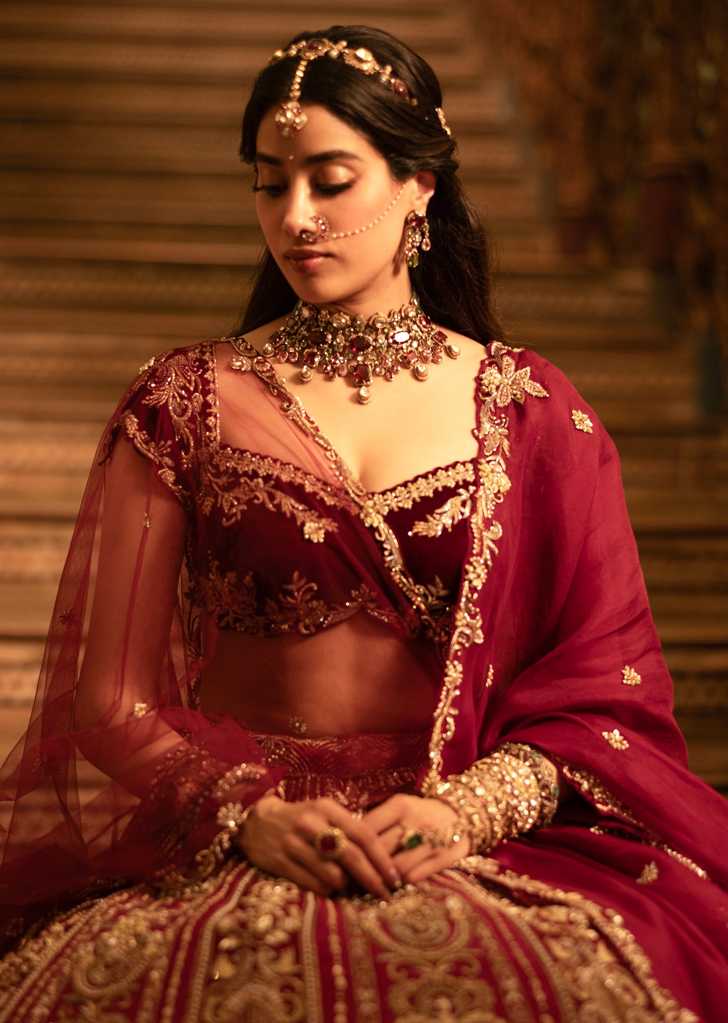 Janhvi Kapoor In Our Maroon Velvet Bridal Lehenga With Tonal Applique Work