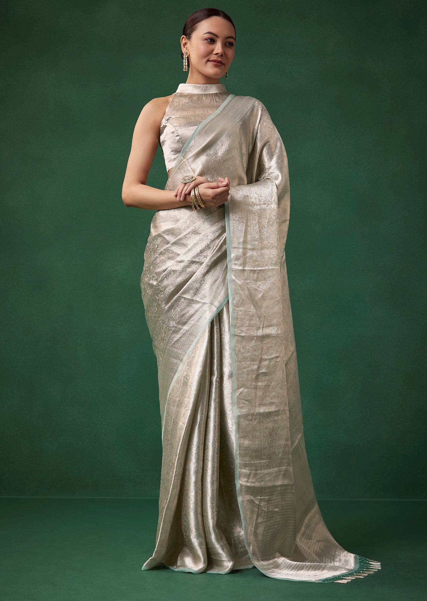 Silver Tissue Silk Jacquard Weave Saree with Unstitched Blouse