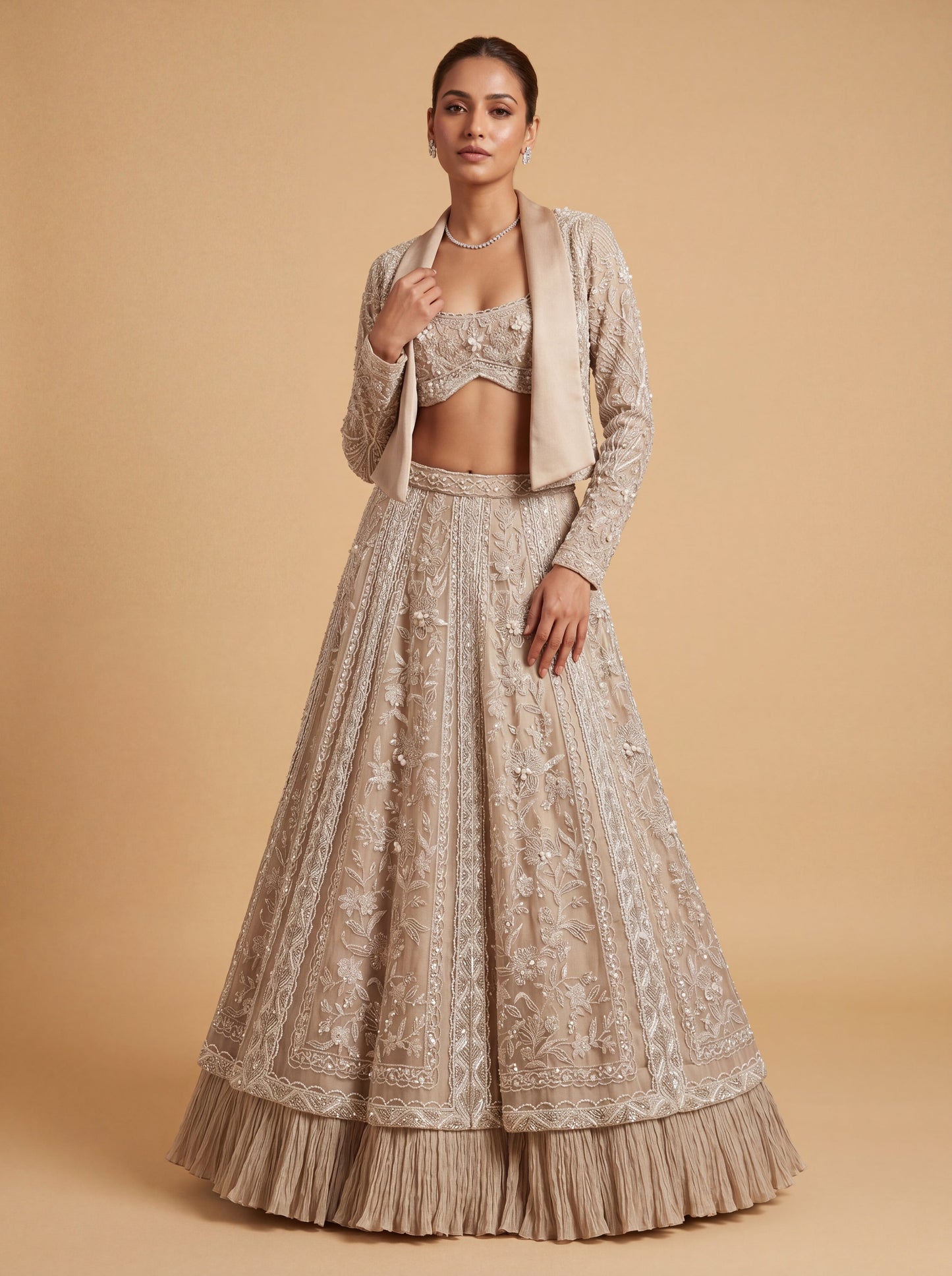 Silver Contemporary Bridal Lehenga With Sheer Embroidered Skirt