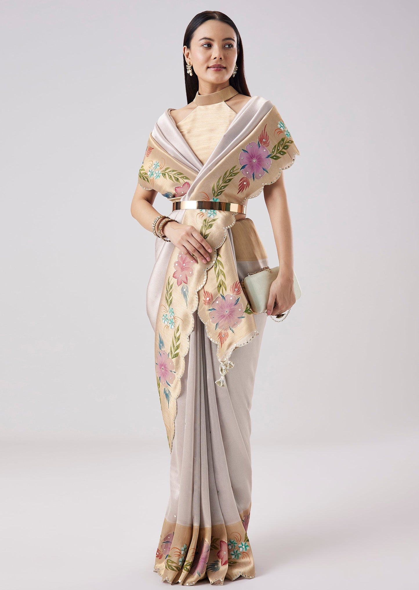 Silver Contrast Border Solid Saree With Unstitched Blouse