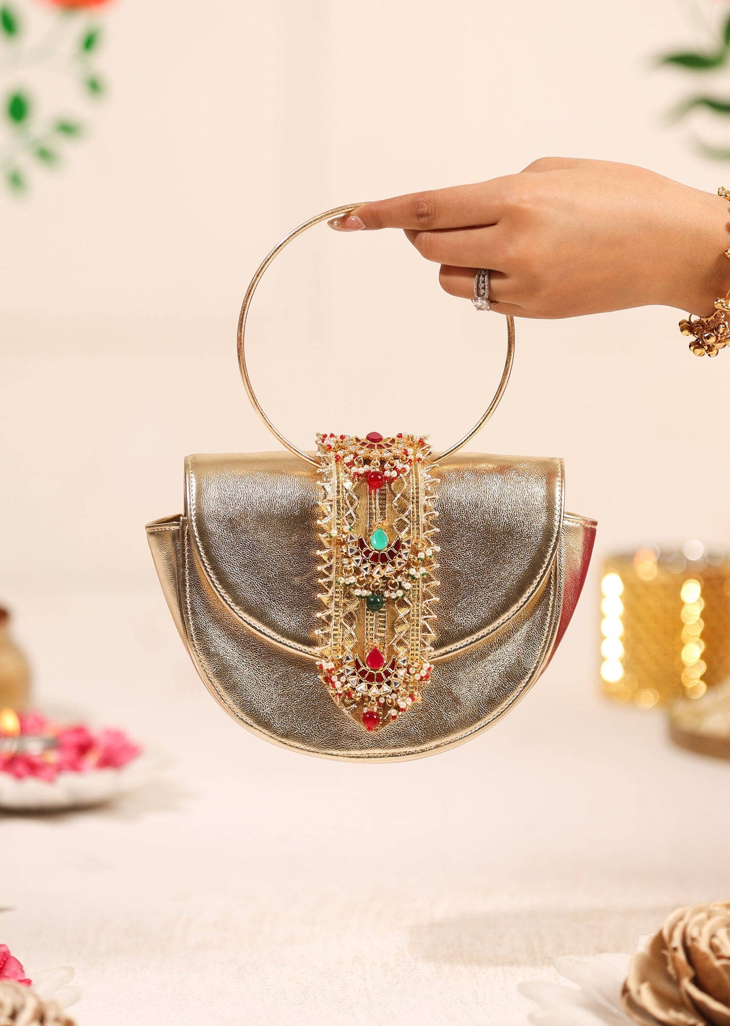 Silver Faux Leather Handbag With Multicolour Embellishments