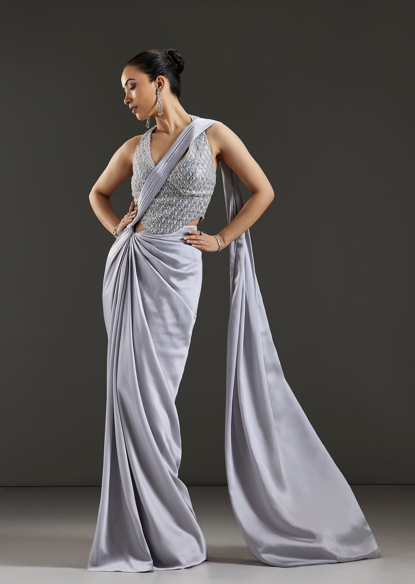 Silver Satin Drape Saree With Crystal Embellished Halter Neck Blouse
