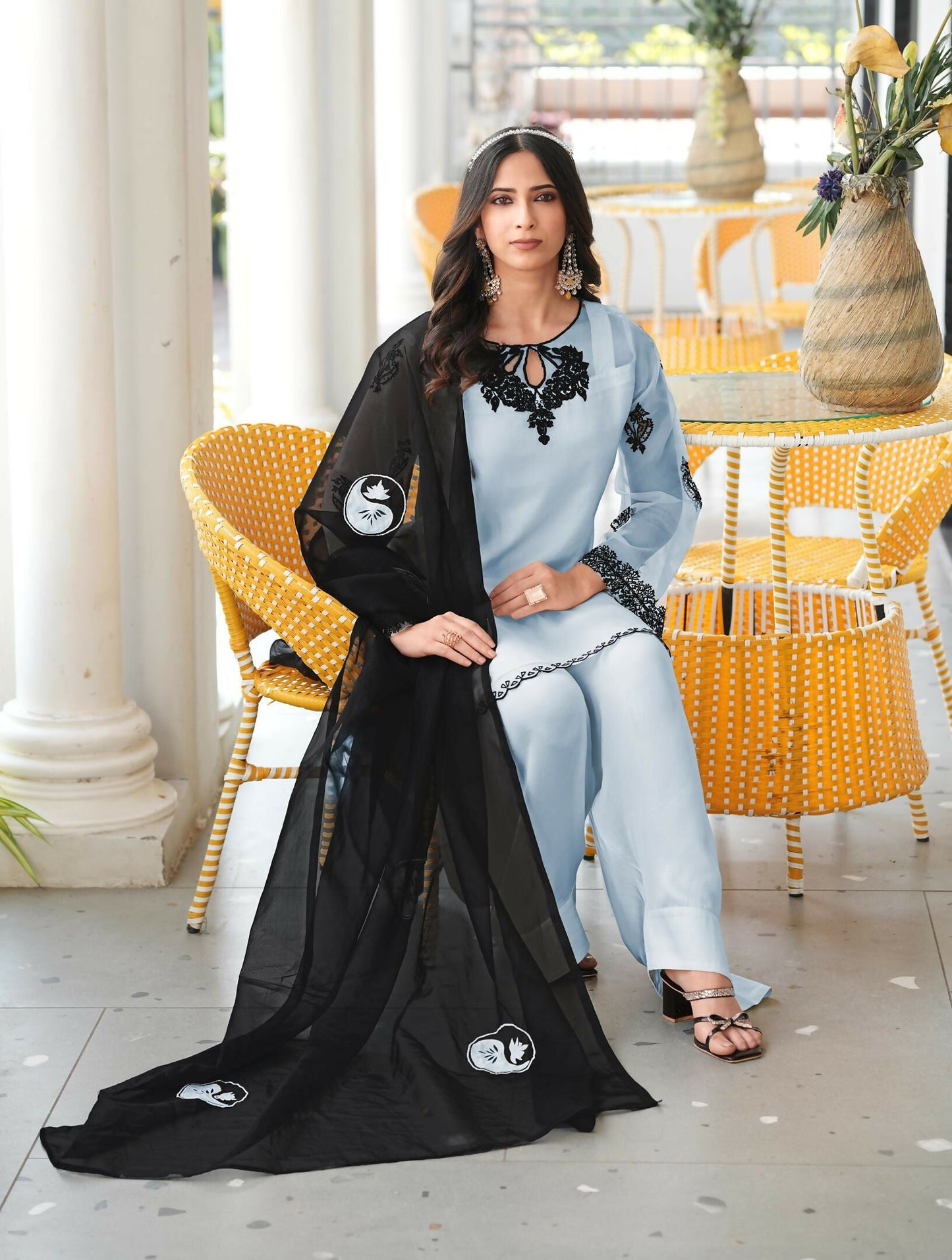 Nikhaar Light Blue Embroidered Organza Stitched Straight Cut Kurta Farshi Salwar Dupatta Readymade Suit
