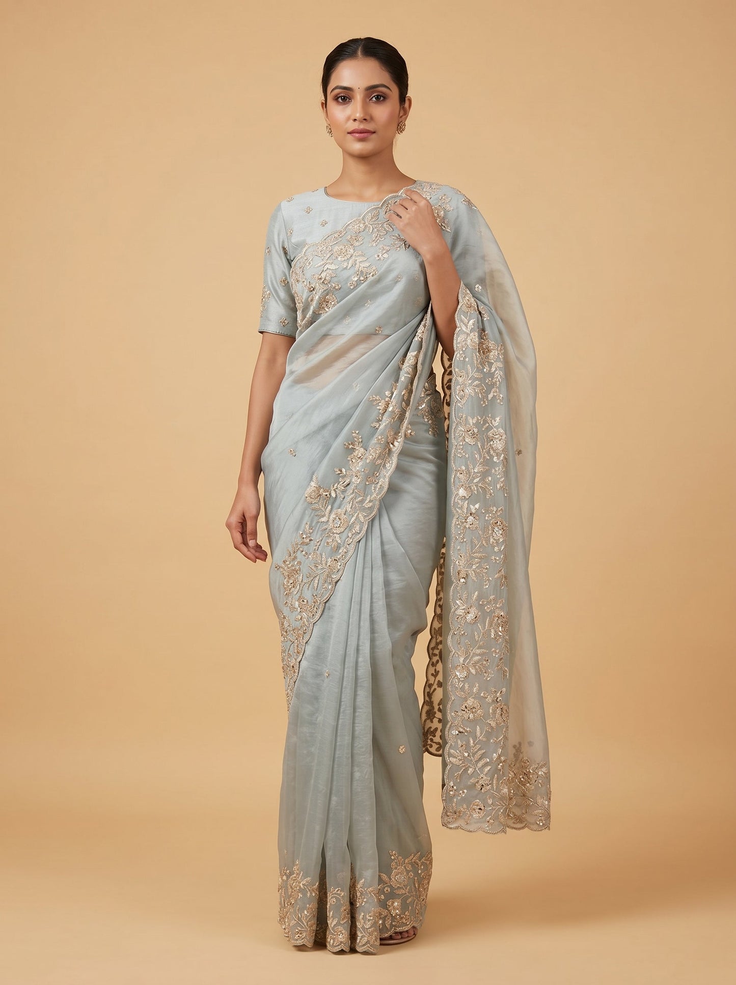 Sky Powder Blue Embroidered Saree