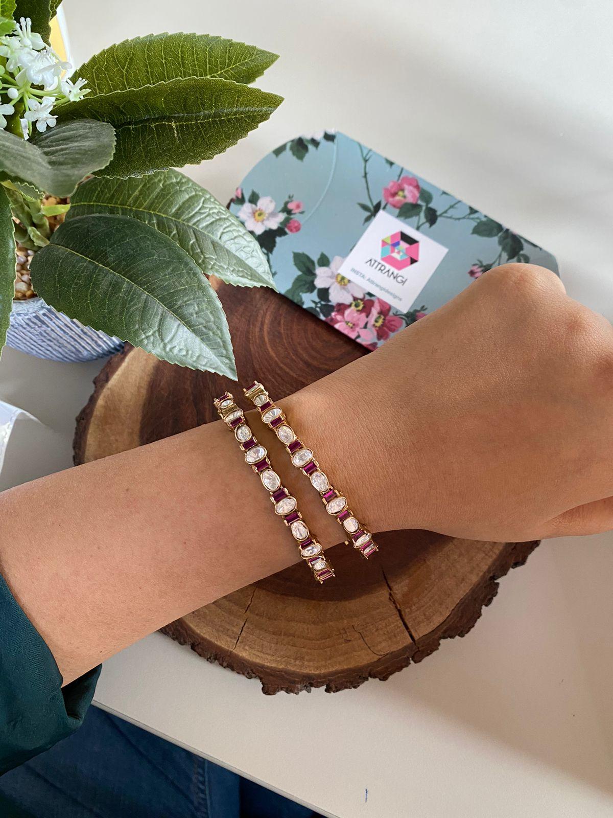 Slim Coloured Moissanite Polki Bangle Set | Antique Gold- Pink