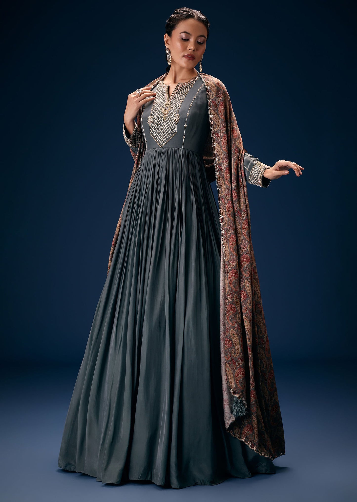 Stone Blue Hand Embroidered Suit With Printed Embellished Dupatta