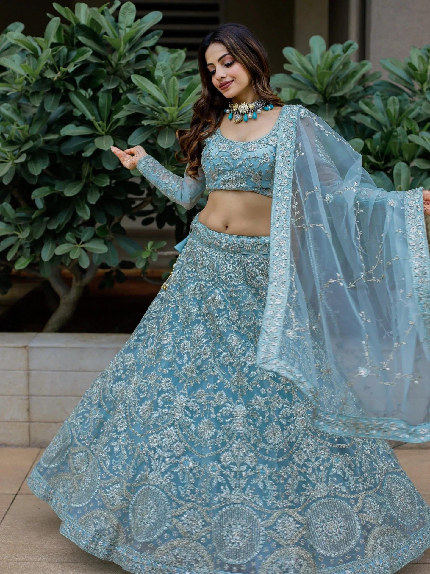Tulsi Art Stunning Aqua Blue Embroidered Soft Net Occasion Wear Lehenga Choli