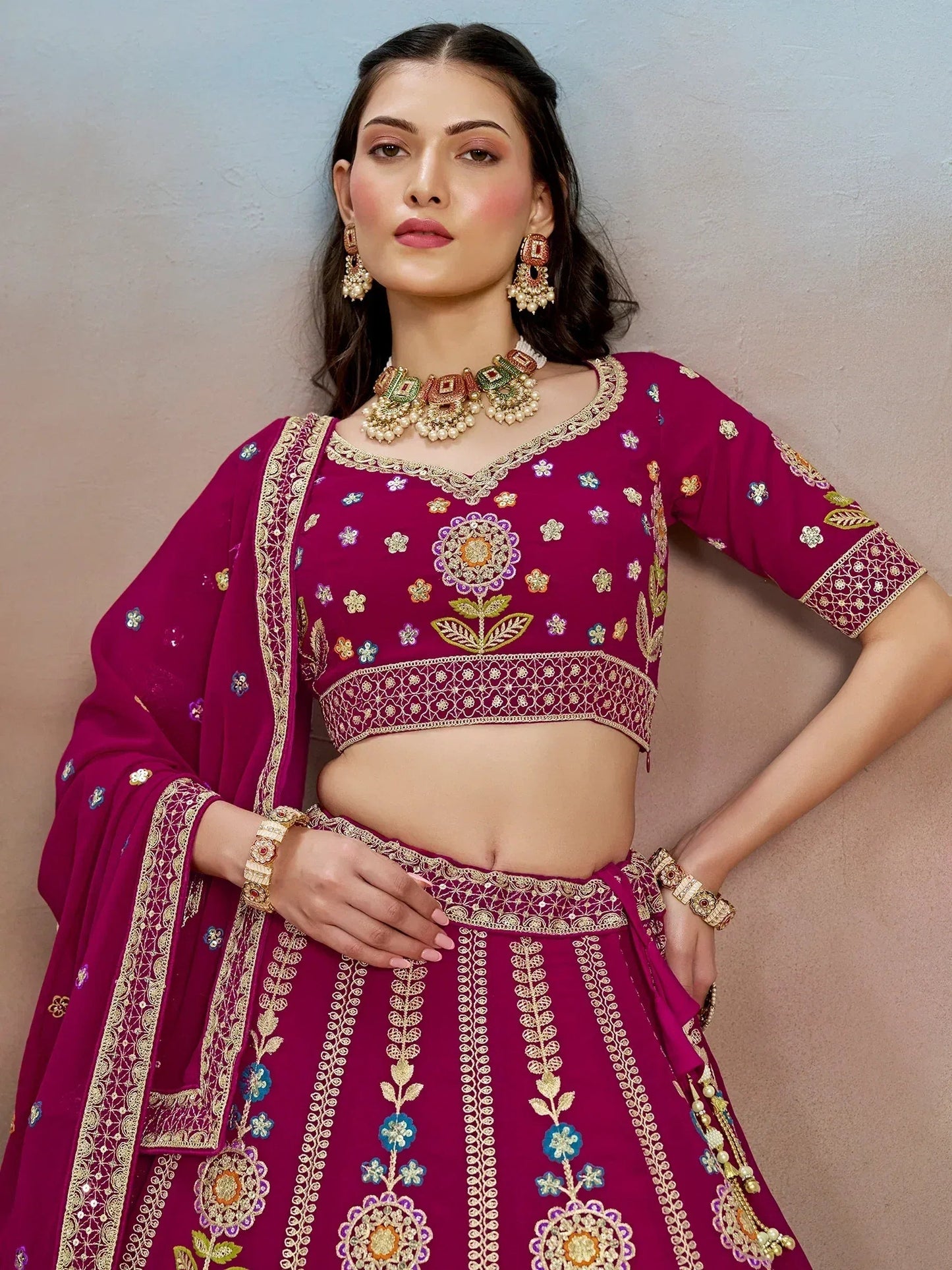 Tulsi Art Stunning Pink Thread Work Georgette Engagement Wear Lehenga With Blouse