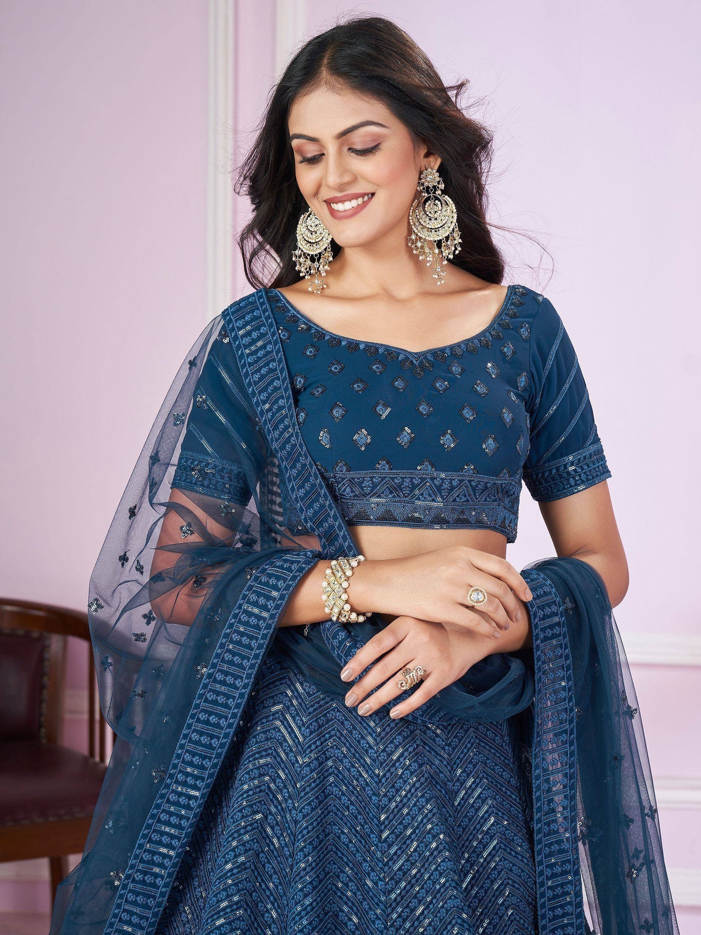 Tulsi Art Stunning Teal Blue Sequins Georgette Wedding Wear Lehenga Choli