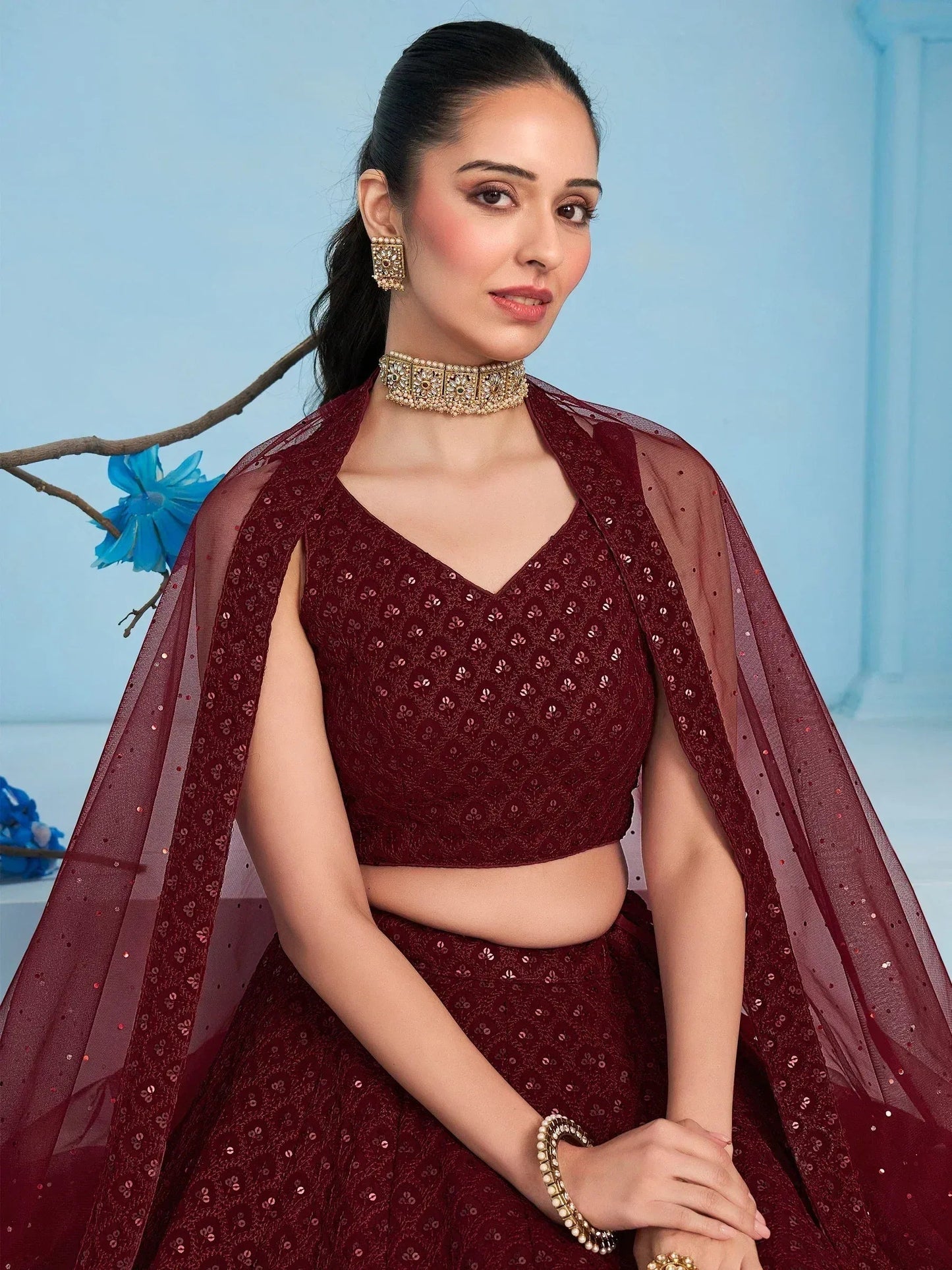 Tulsi Art Superior Maroon Sequins Georgette Reception Wear Lehenga With Blouse