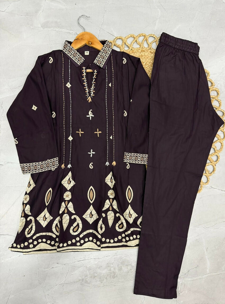 Teeya Creation Women Wine Printed Cotton Kurti With Trousers Co-Ord Set