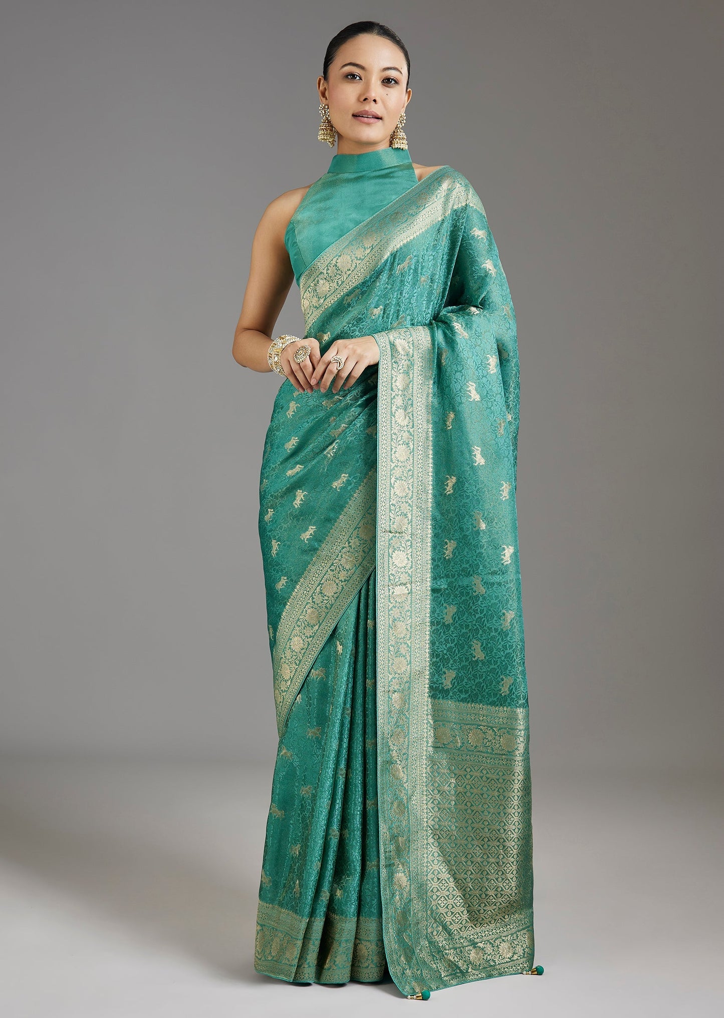 Teal Blue Jacquard Dola Silk Saree