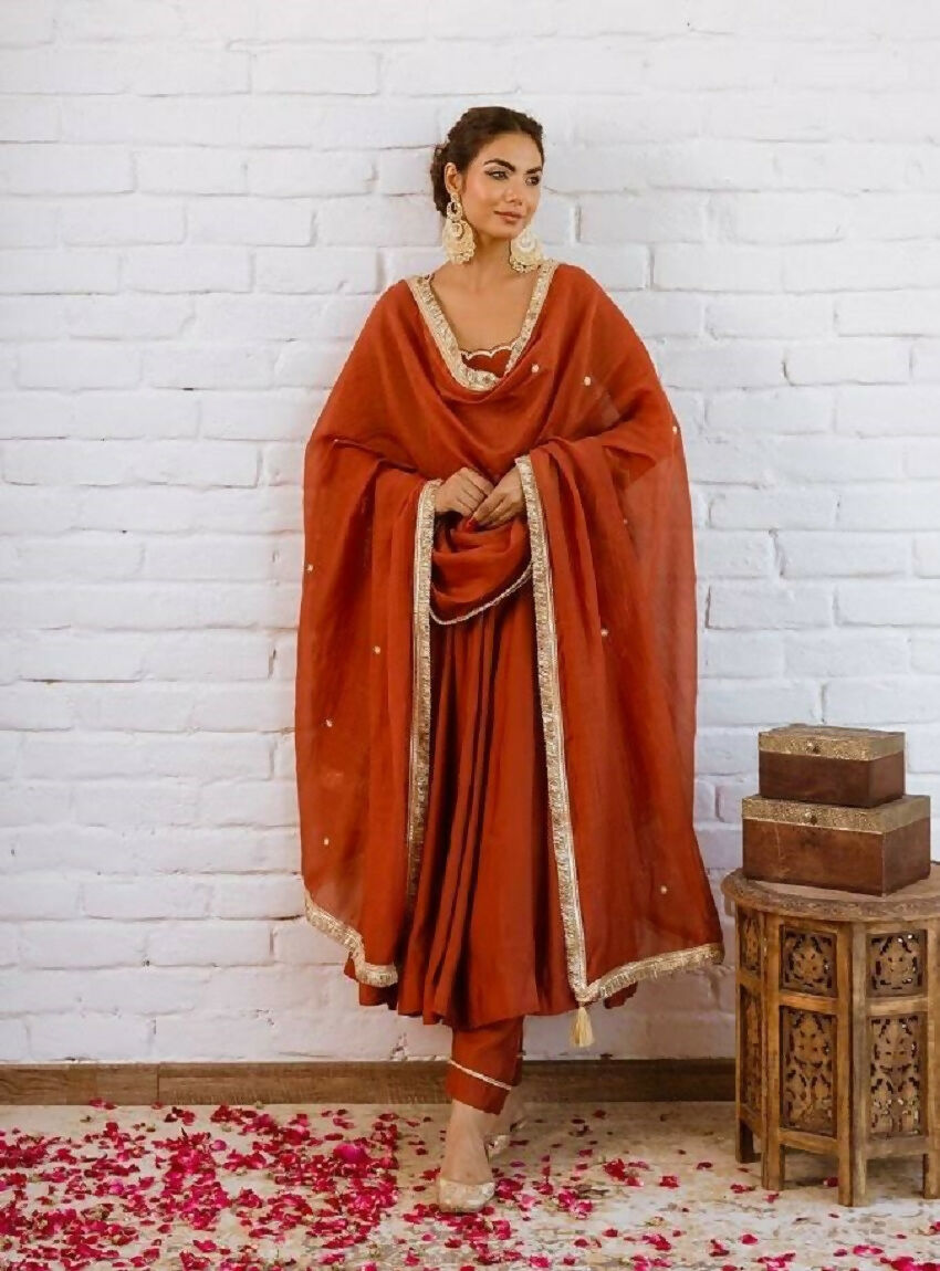 Teeya Creation Rust Orange Solid Anarkali Kurta With Pants And Dupatta Set
