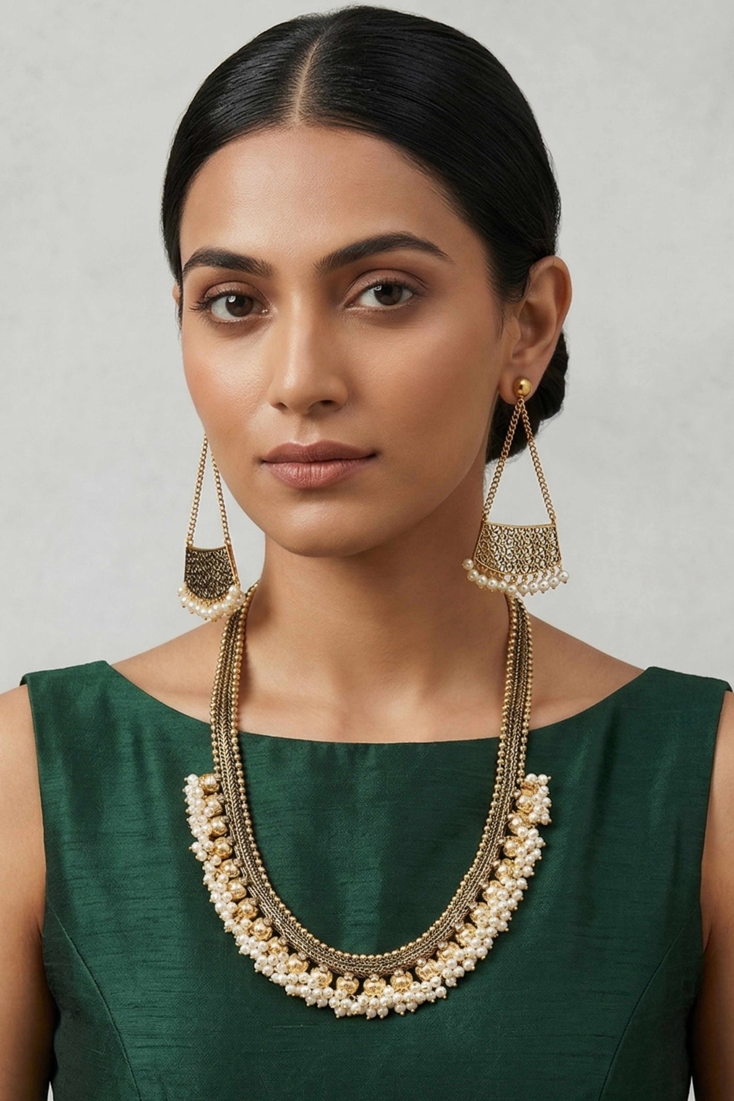 Nyra Layered Gold-Toned Necklace Set with White Beads