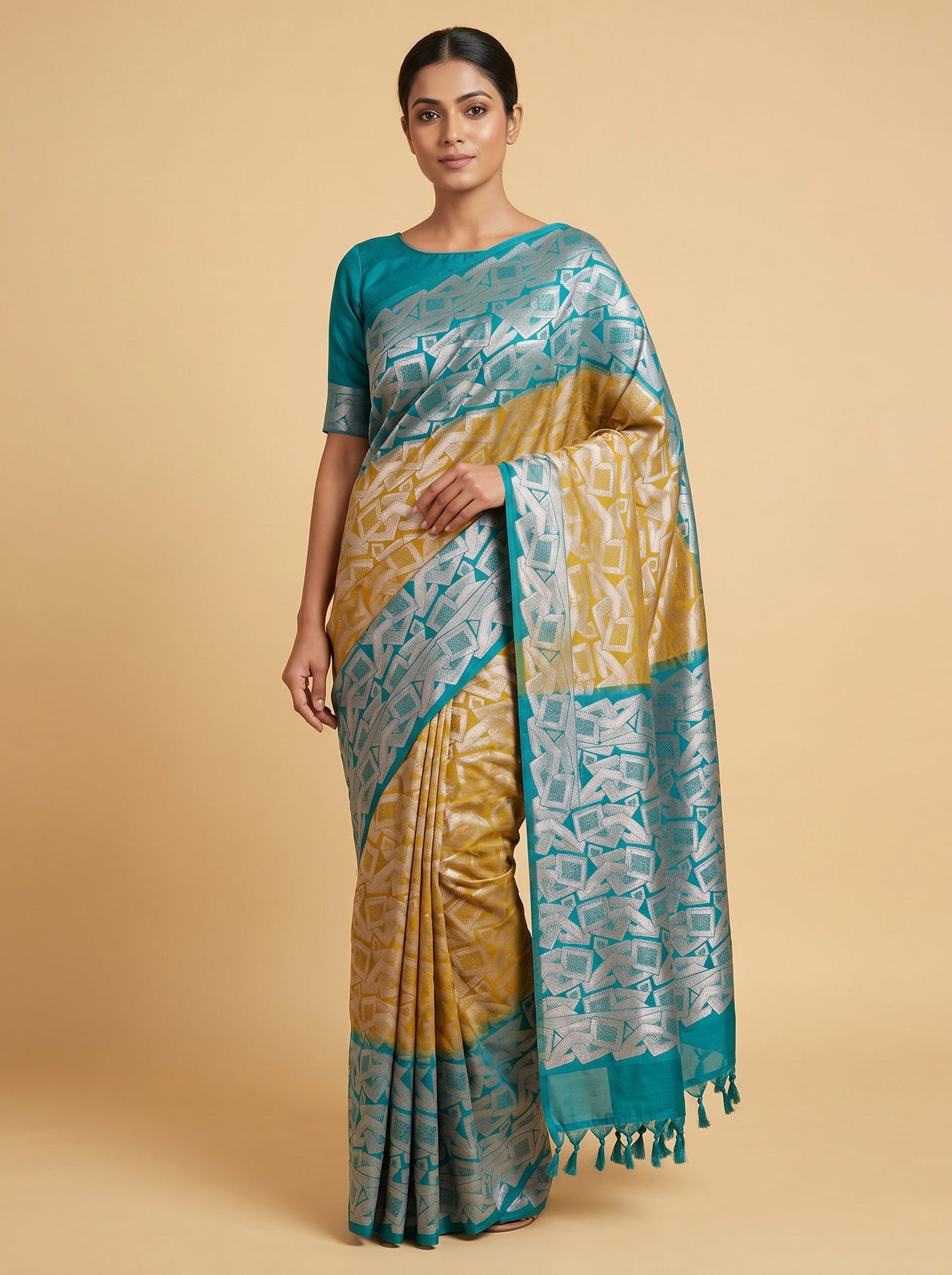 Turquoise Shine Golden Handloom Saree