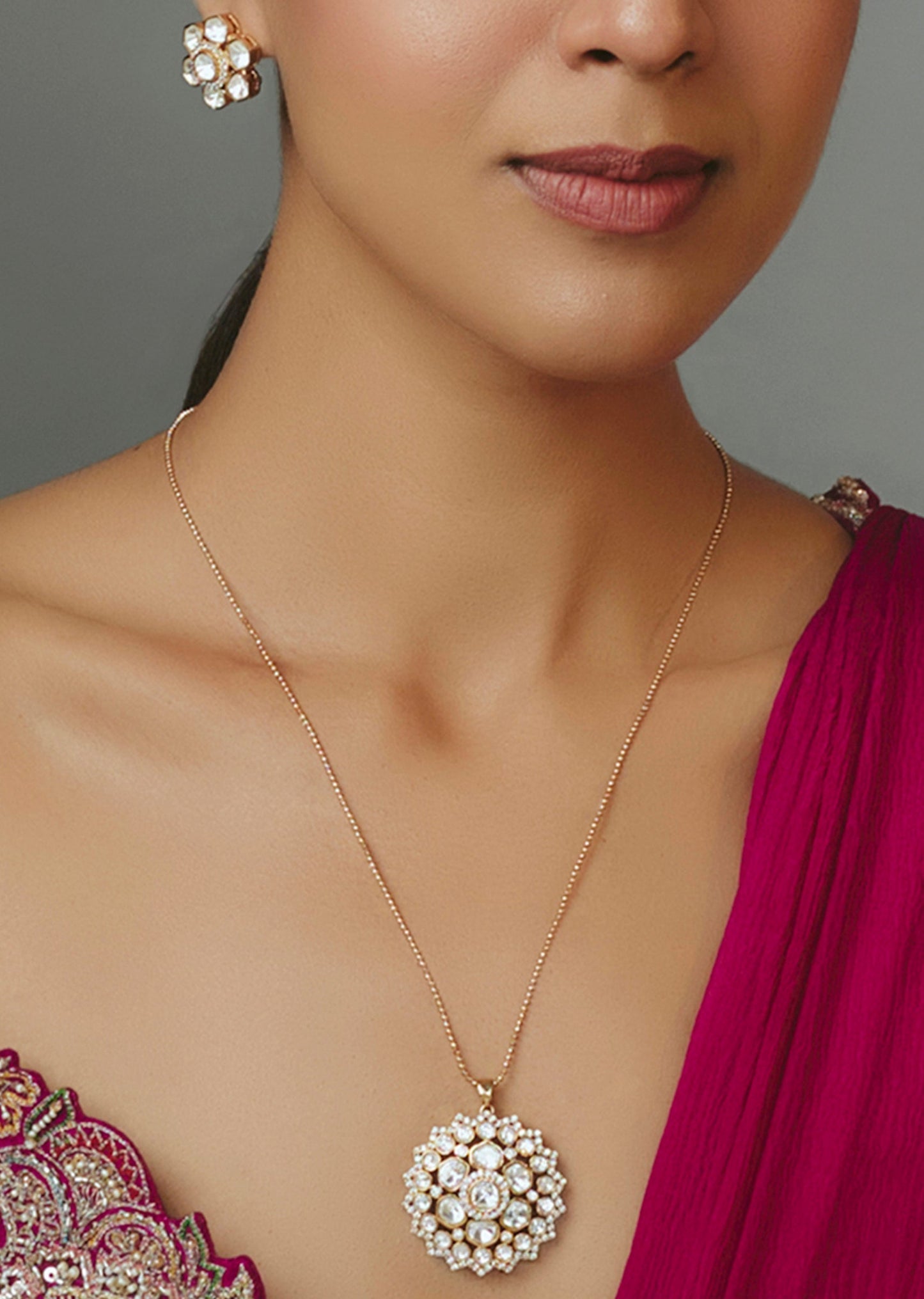 Two Tone Finish Kundan Polki Pendant Necklace Set