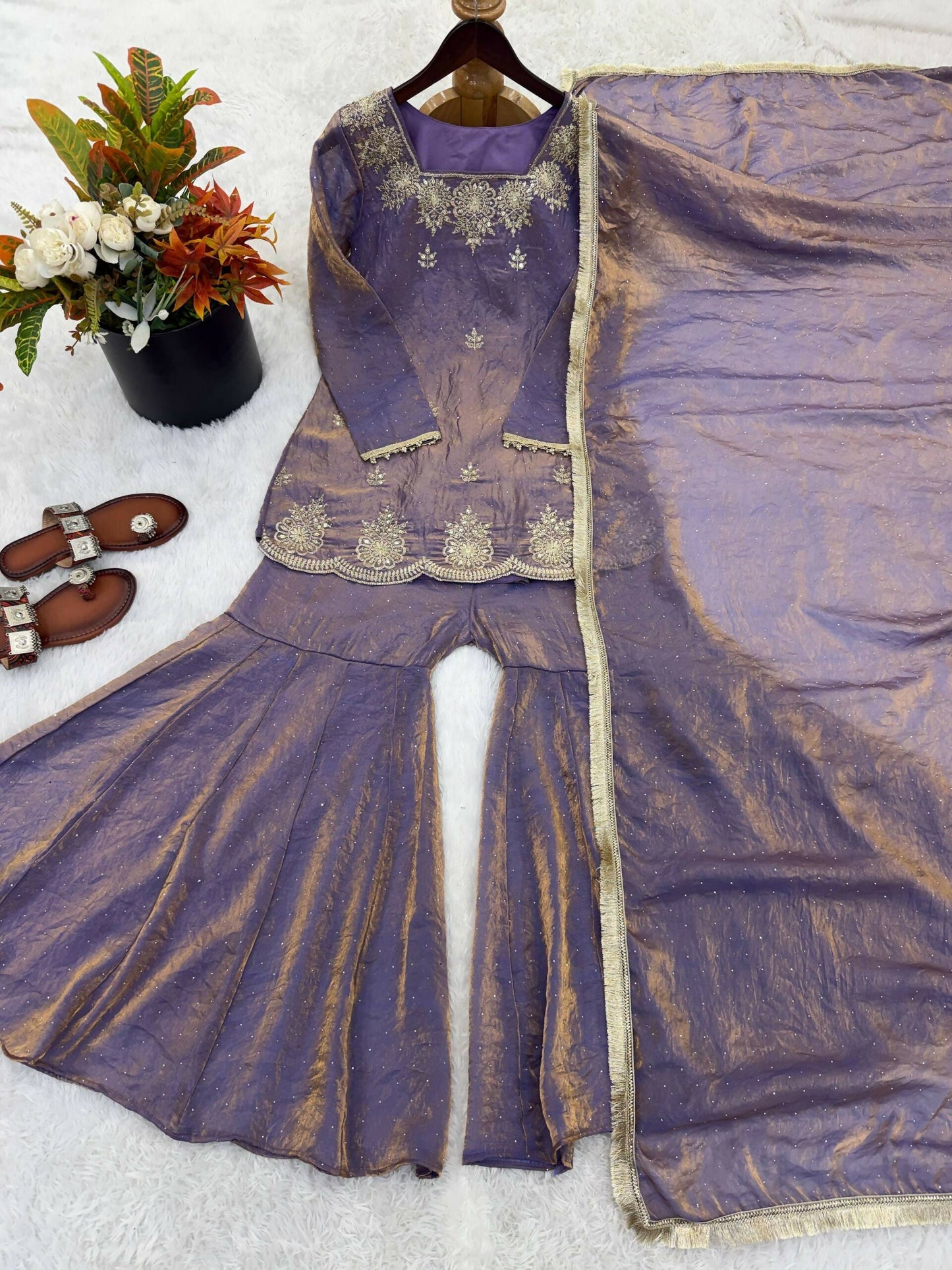 Teeya Creation Womens New Fancy Embroidery Sequence Work With Zarkan Diamond Work Lavender Kurta Set
