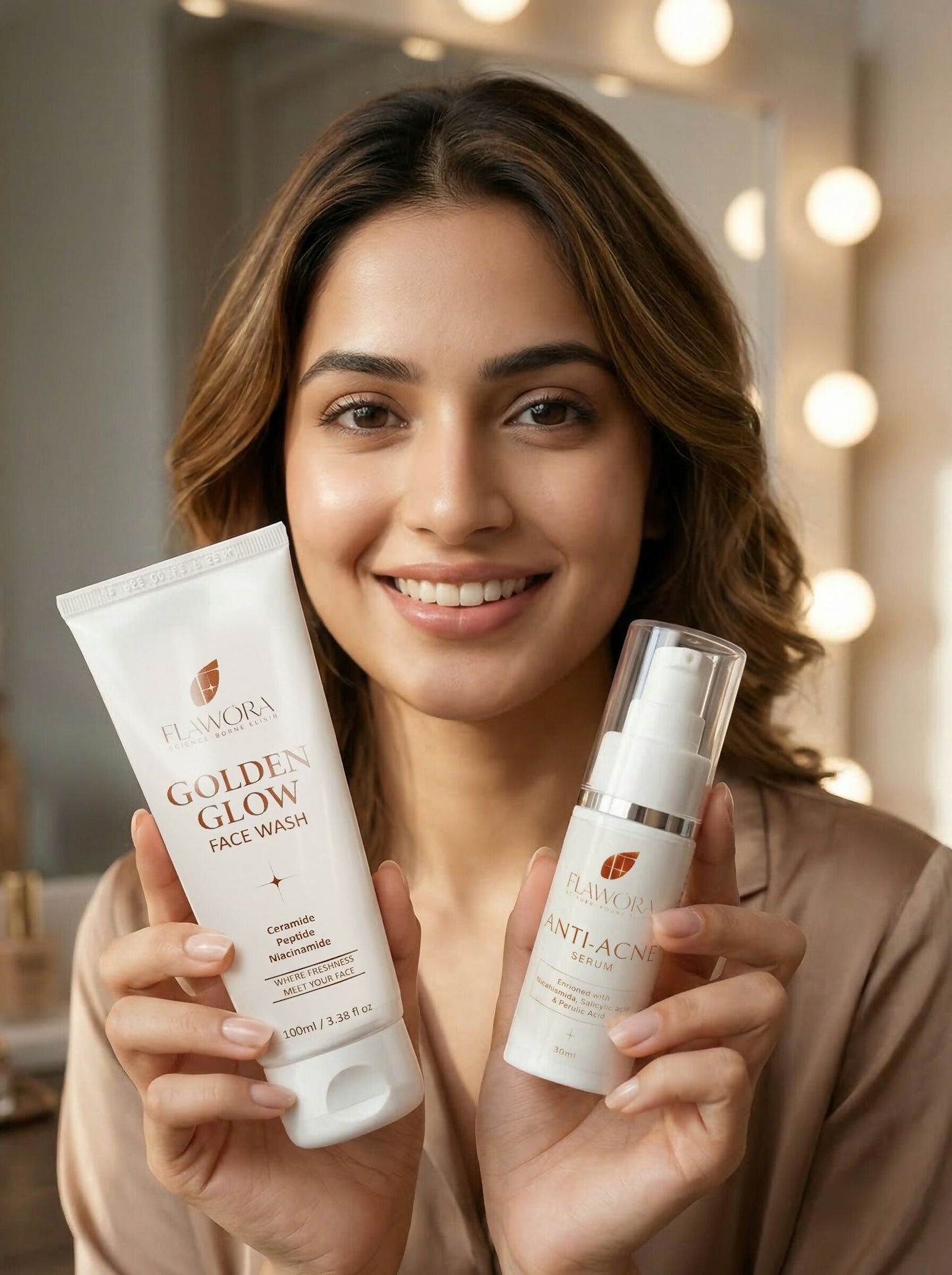 Flawora Set of Golden Glow Face Wash and Anti Acne Serum