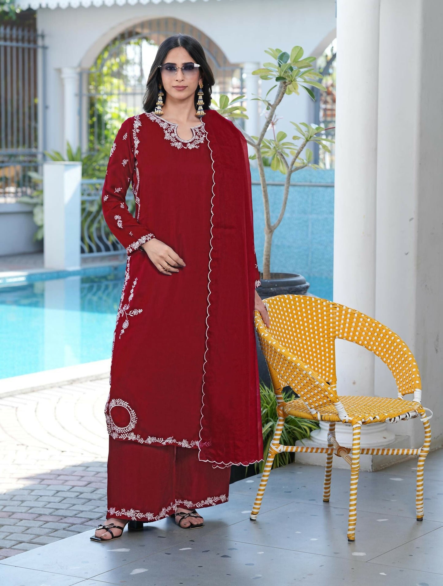 Nikhaar Maroon Embroidered Modal Silk Stitched Straight Cut Kurta Culottes Dupatta Readymade Suit