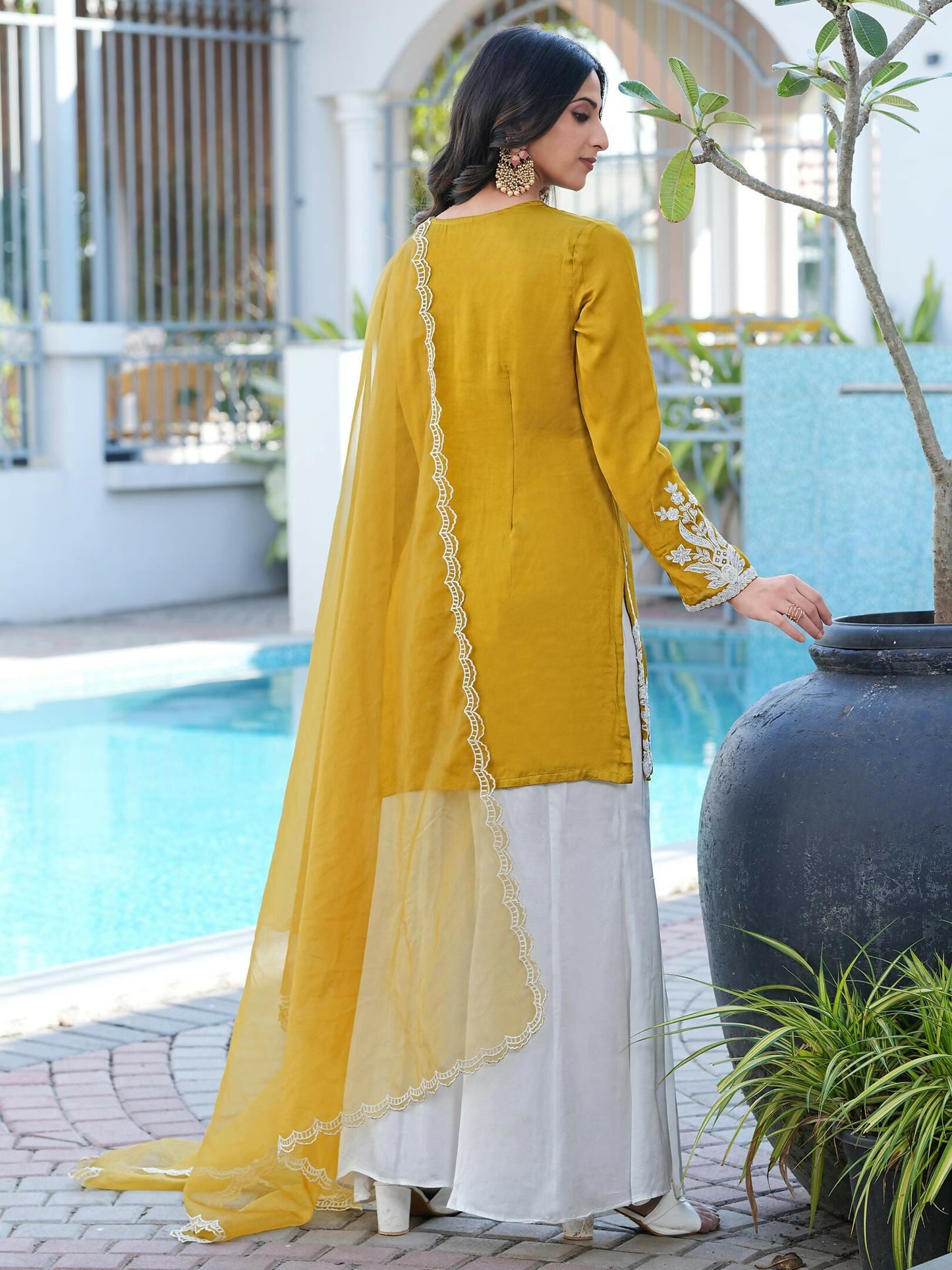 Nikhaar Dark Yellow Embroidered Modal Silk Stitched Straight Cut Kurta Kalidar Palazzo Dupatta Readymade Suit