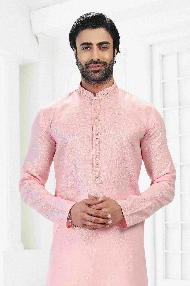 Raivat Ethnic Linen Cotton Thread Work Kurta Pajama In Pink Colour