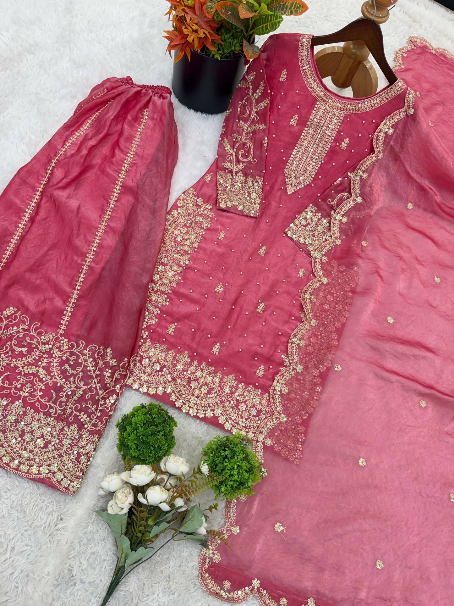 Teeya Creation Womens New Trendy Embroidery Coding And Sequence Work Pink Kurta Set