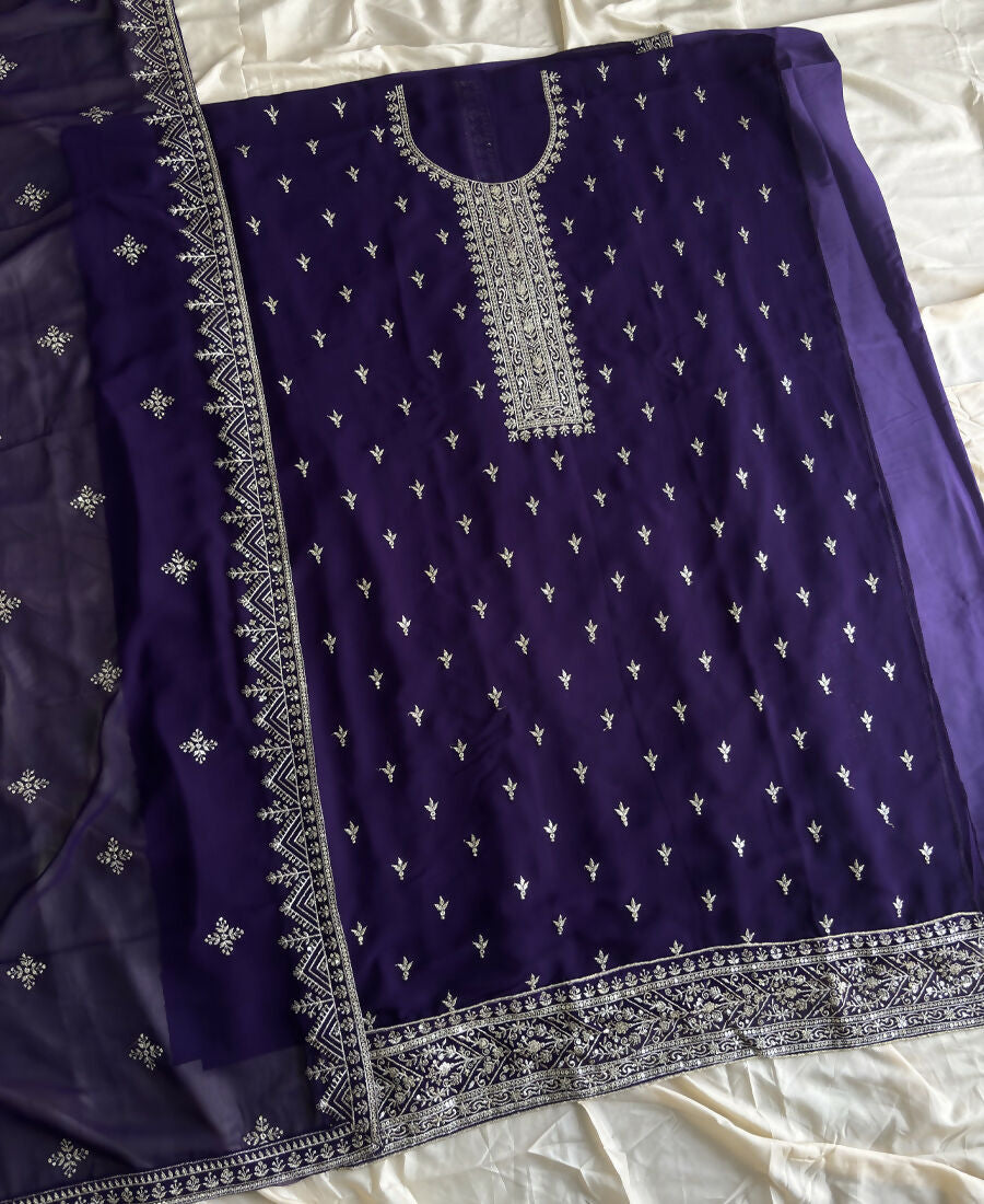 KC Purple Georgette Straight Suit With Heavy Embroidery