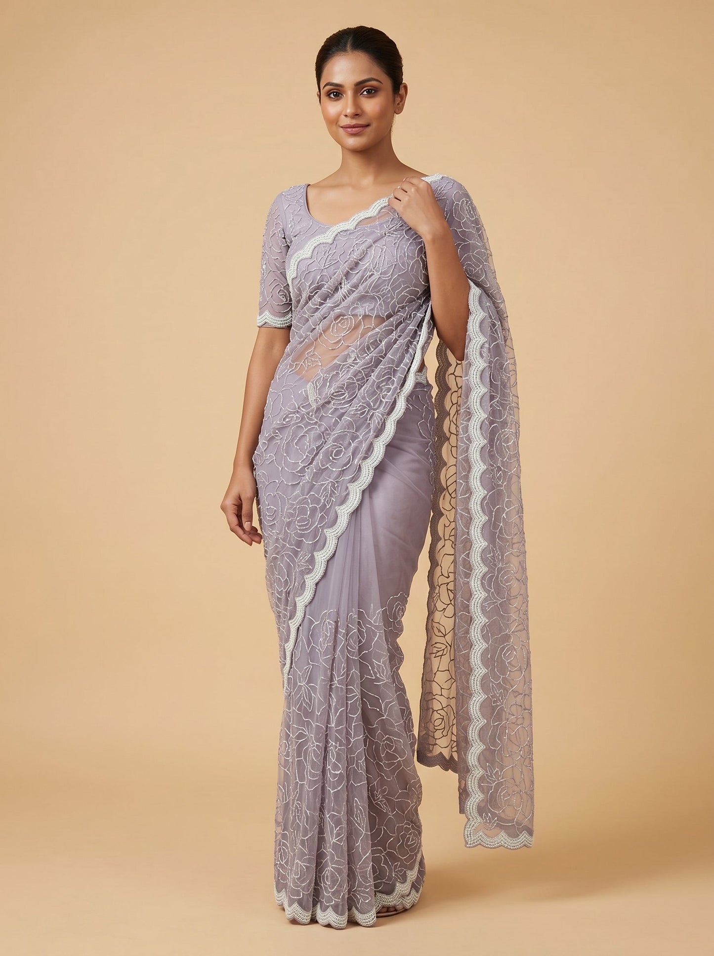 Violet Orchid Sheen Embroidered Saree