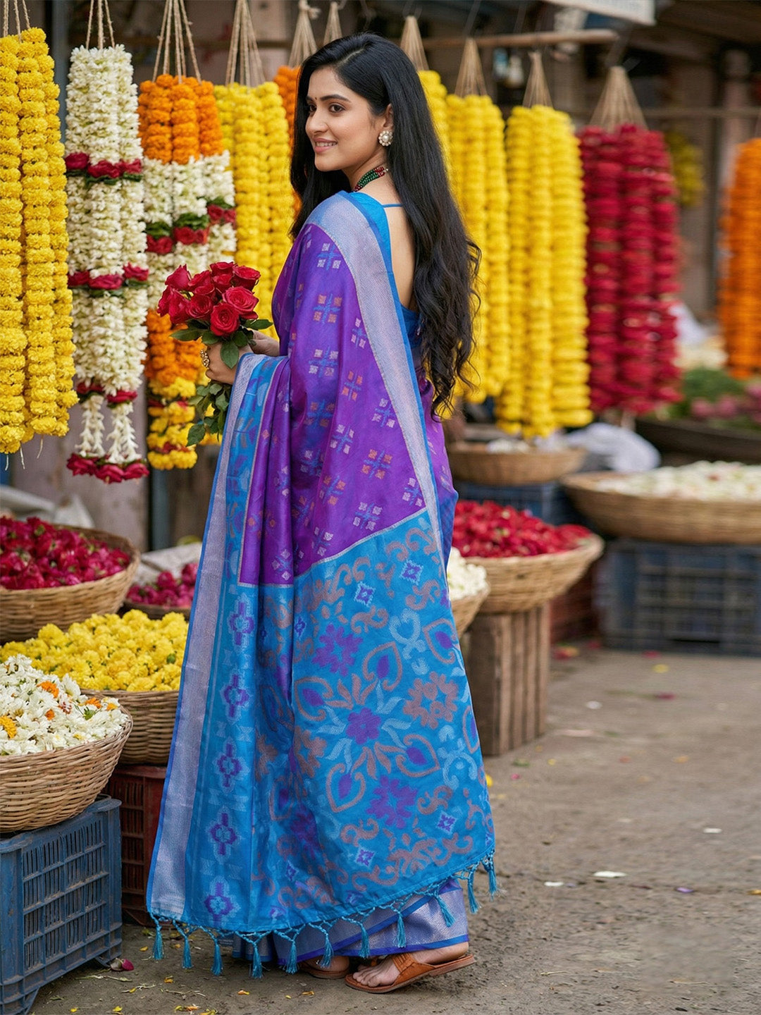 Anaita Violet Pochampally Silk Woven Saree With Blouse