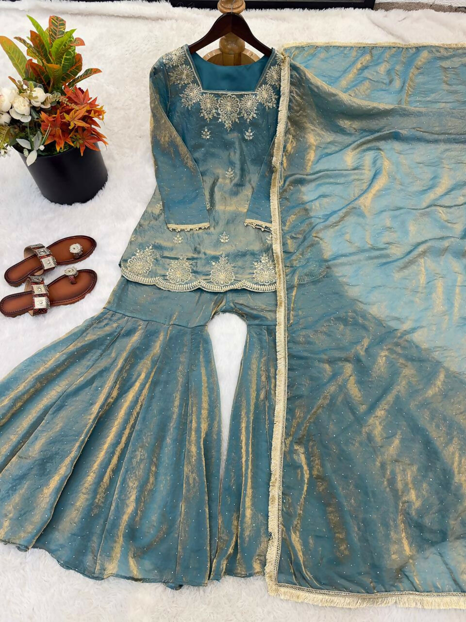 Teeya Creation Womens New Fancy Embroidery Sequence Work With Zarkan Diamond Work Teal Kurta Set