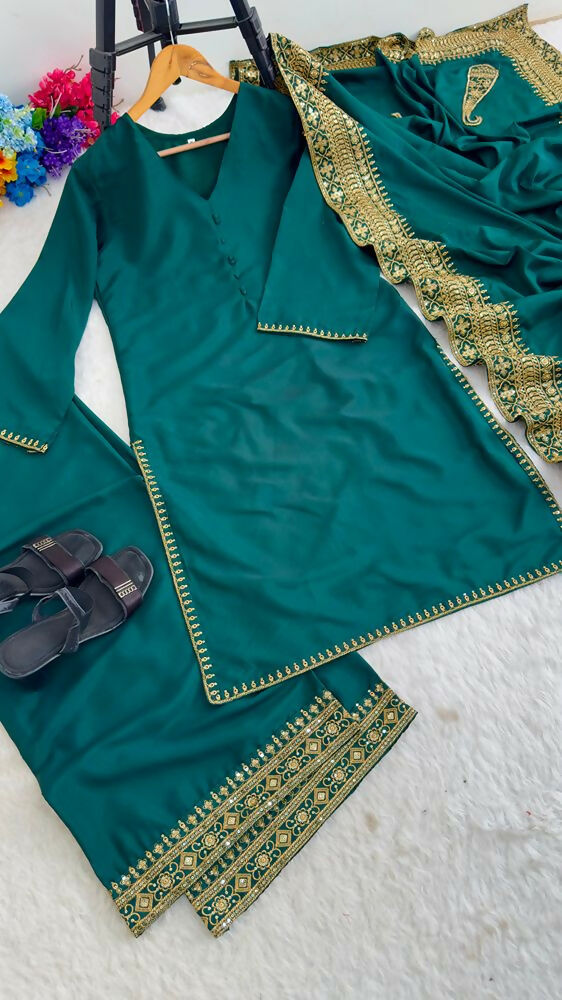 Teeya Creation New Latest Stylish Classic Rama Festive Kurta Set with Gold Zari Border Palazzo and Dupatta